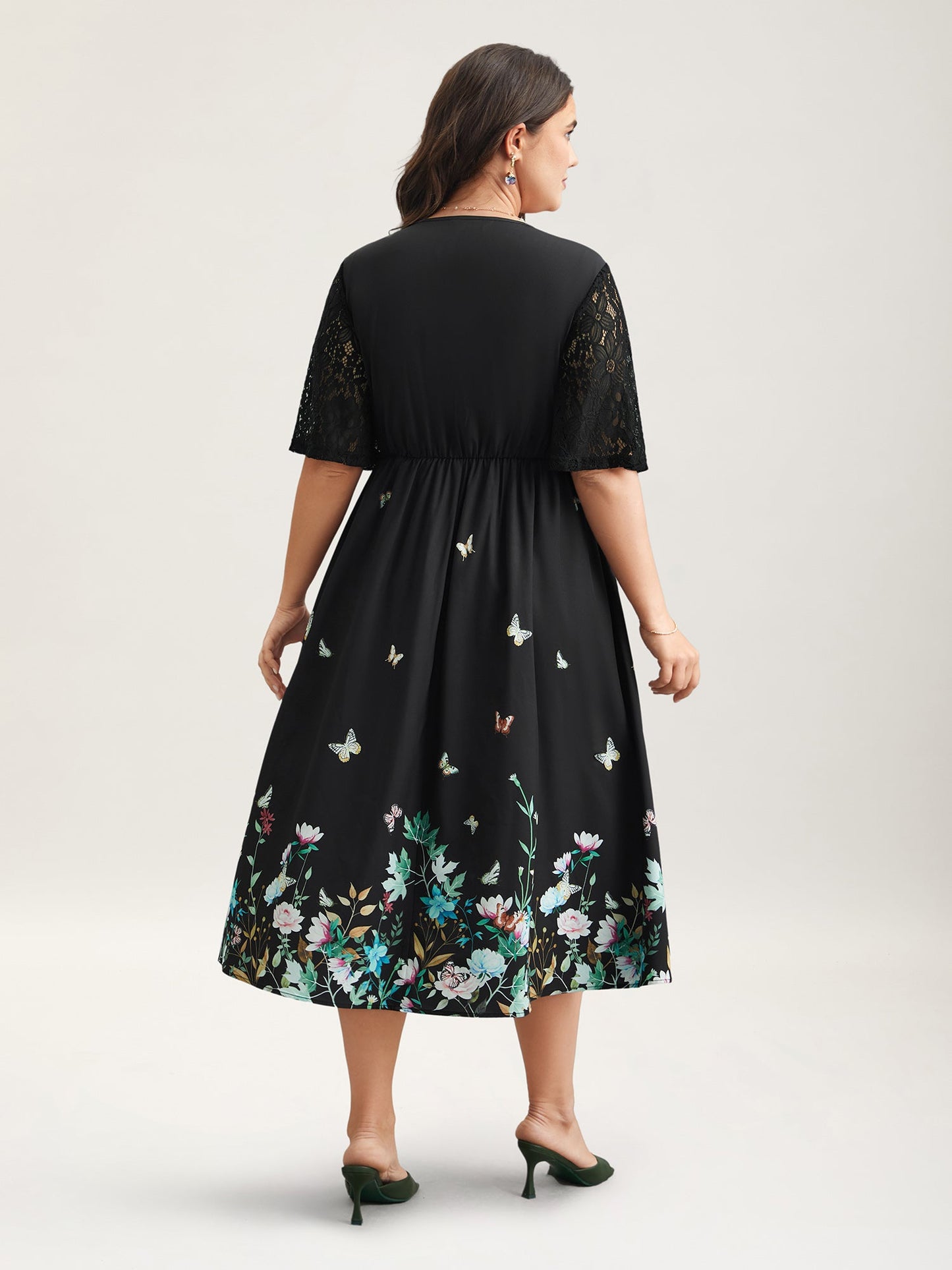 Gardenia Print Waist-Cinched Lace Midi Dress