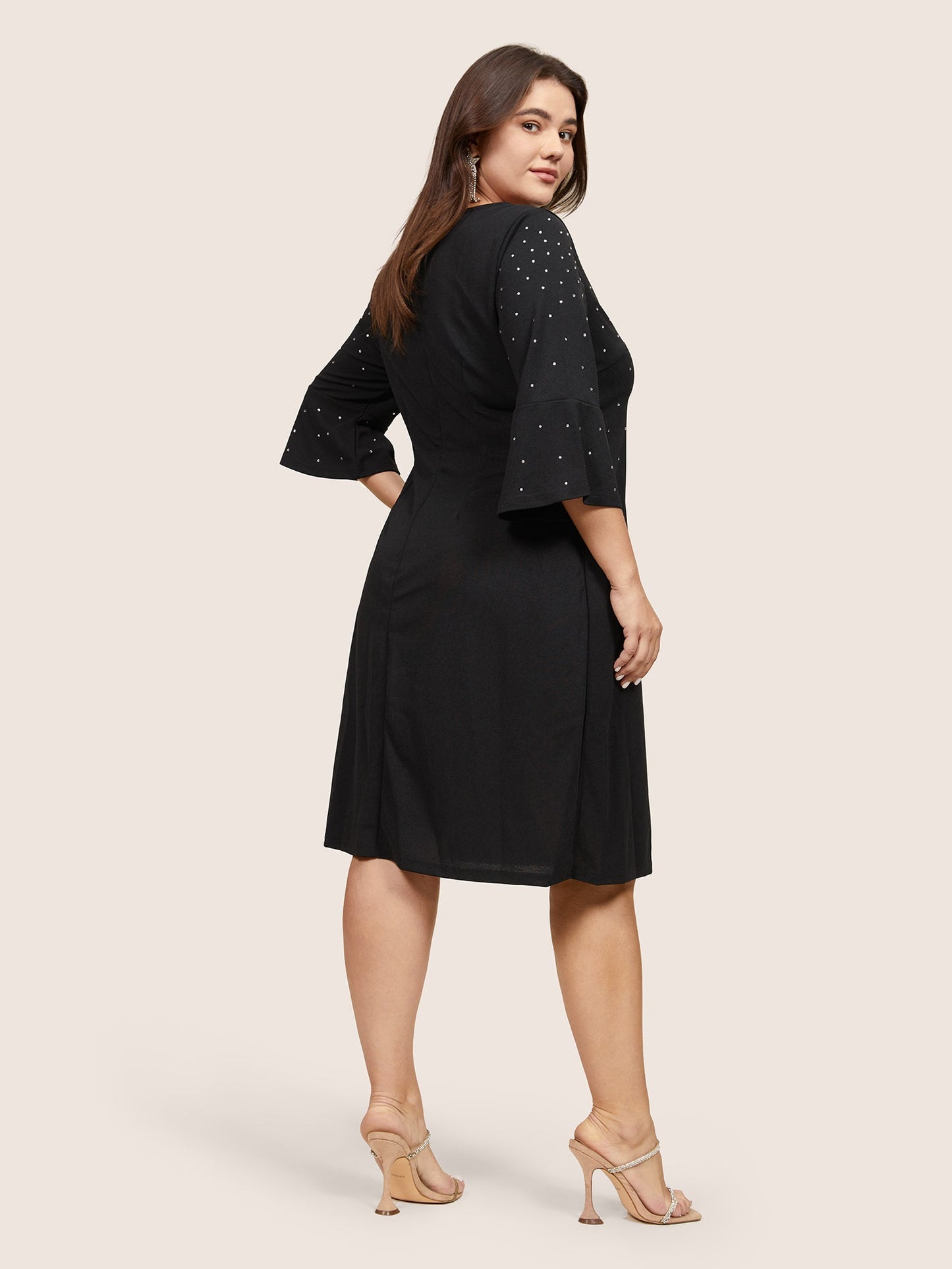 Rhinestone Curved Hem Bell Sleeve Dress