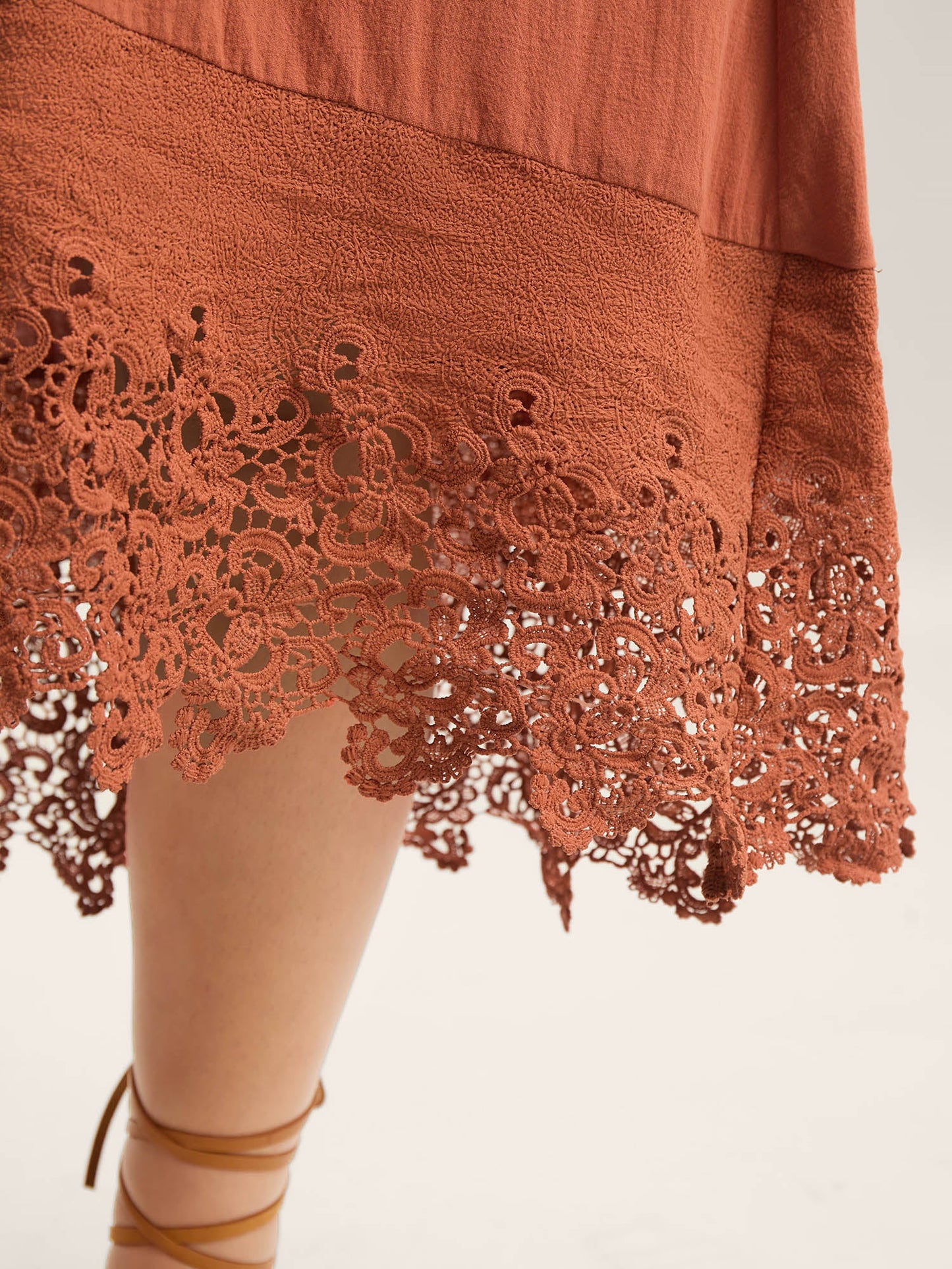 Cotton Lace Trim High Low Hem Midi Dress