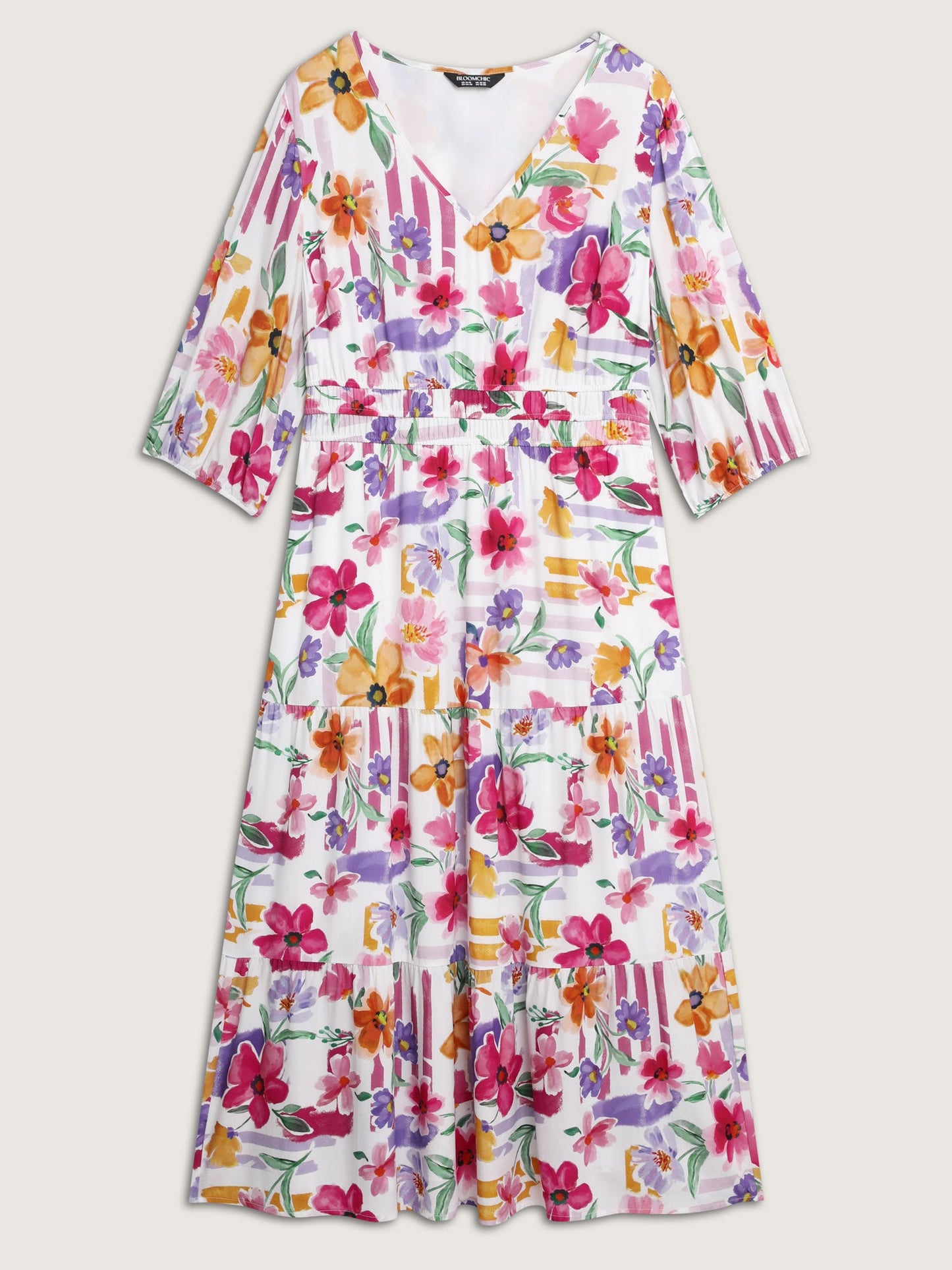 Bright Floral Print Pleated Waist Maxi Dress