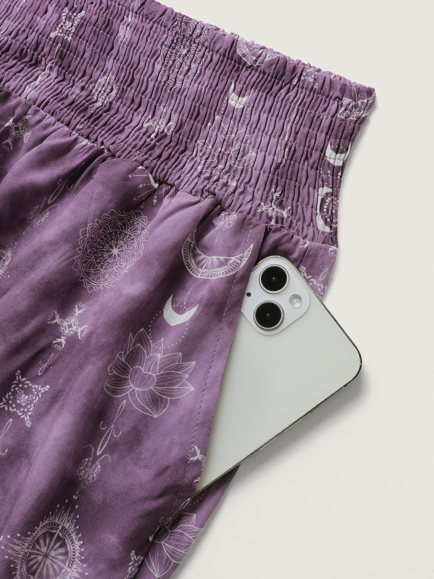 Starry Print Shirred Wide Waistband Pants