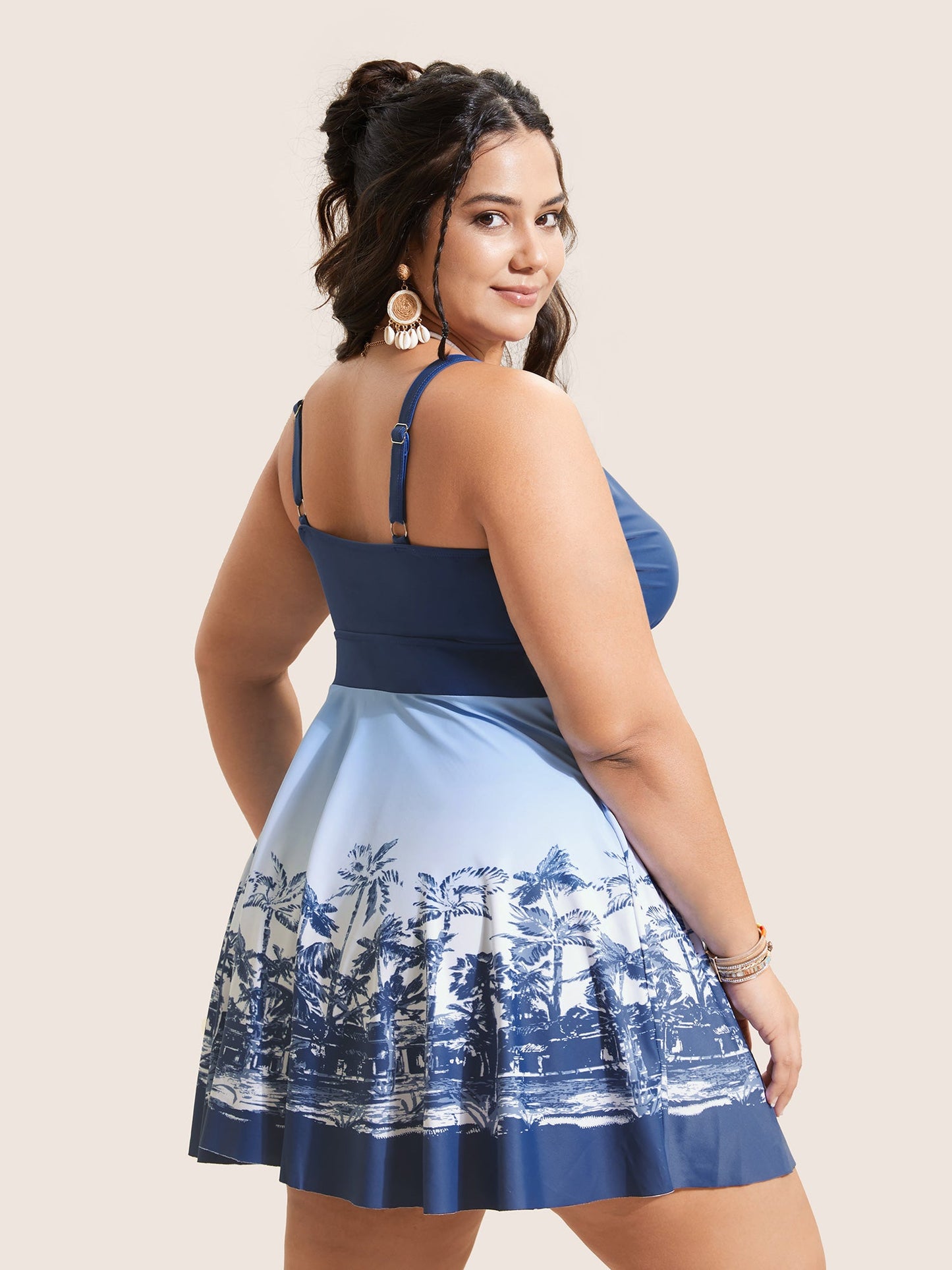 V Neck Tropical Print Contrast Swim Dress