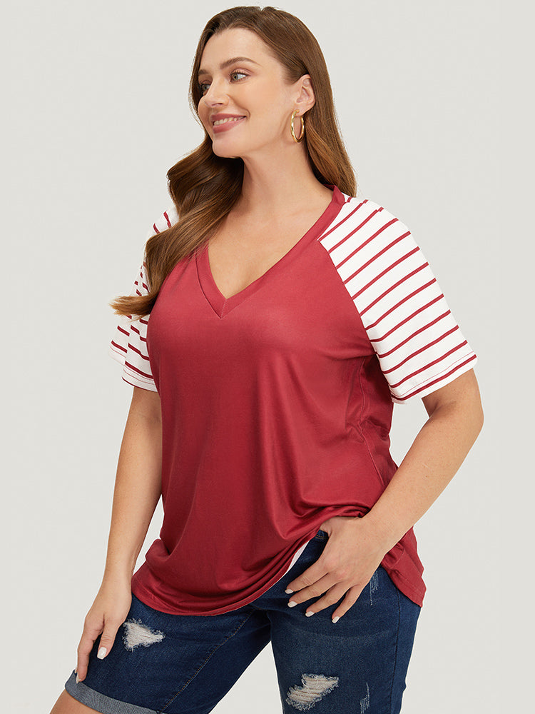 Striped Contrast Raglan Sleeve V Neck T-shirt