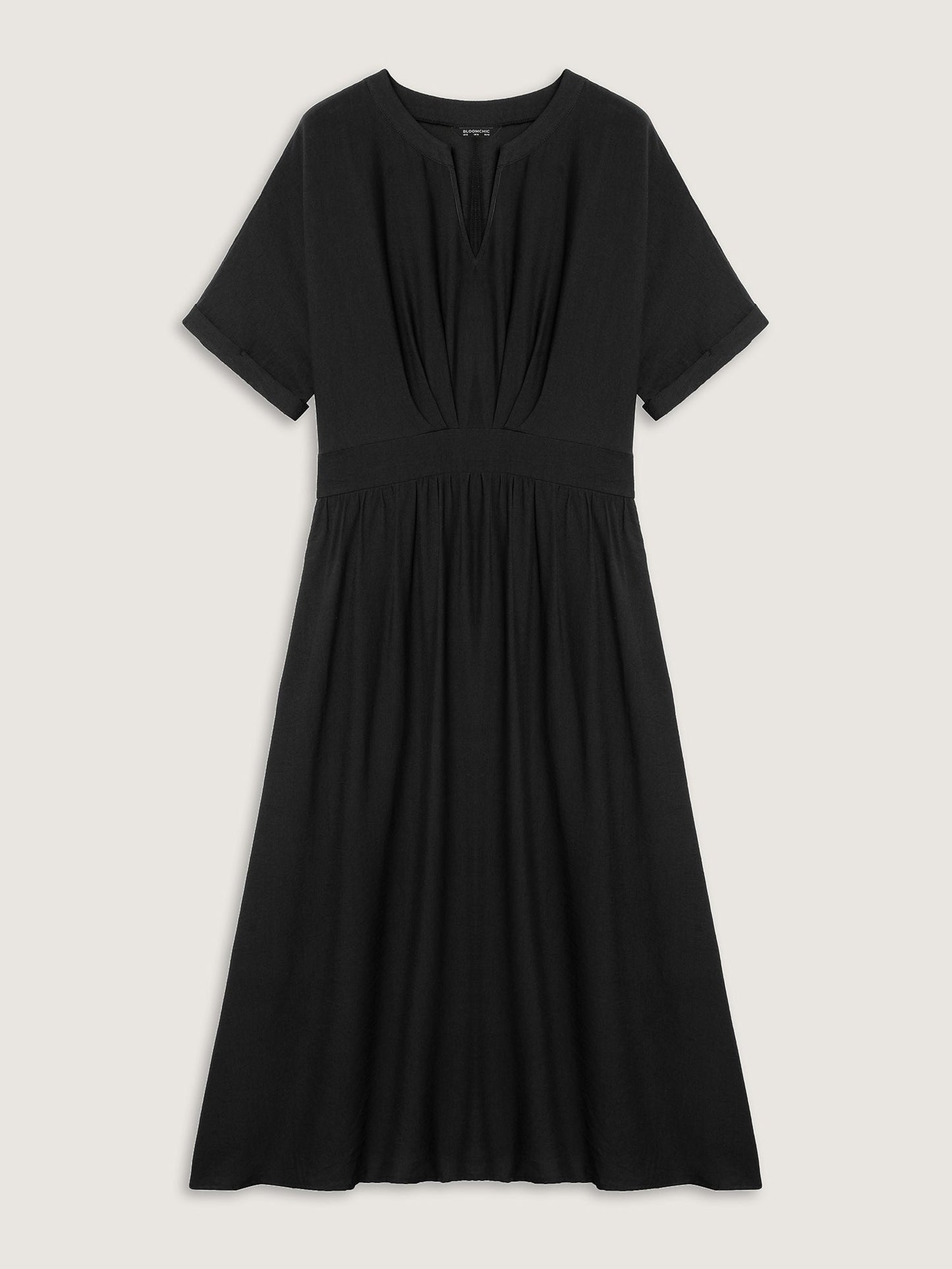 Pleated Cinched Waist Solid Midi Dress