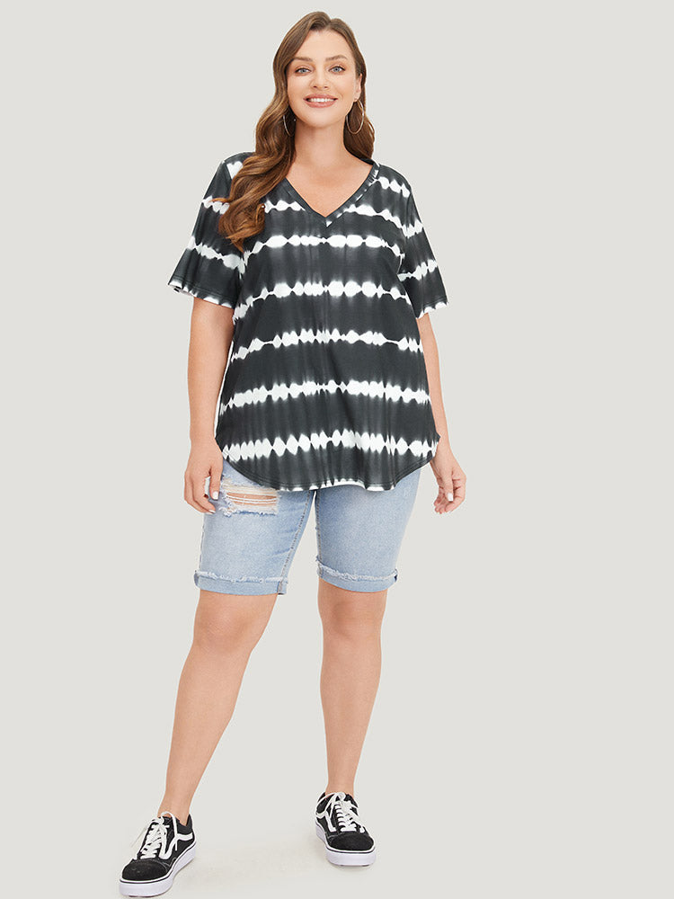 Striped Tie Dye Curved Hem T-shirt