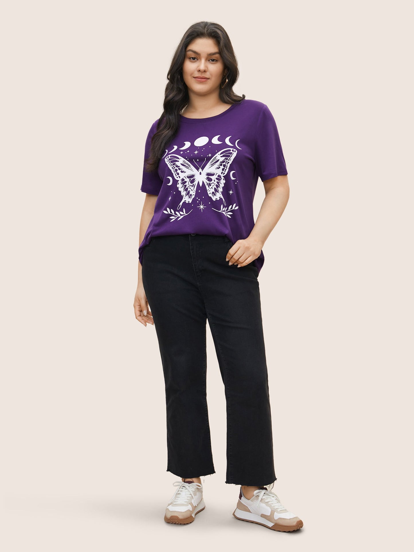 Butterfly & Moon Print Round Neck T-shirt