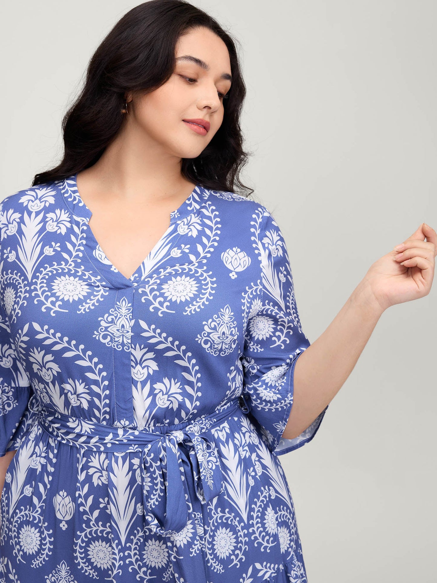Boho Print Belted Side Pockets Midi Dress