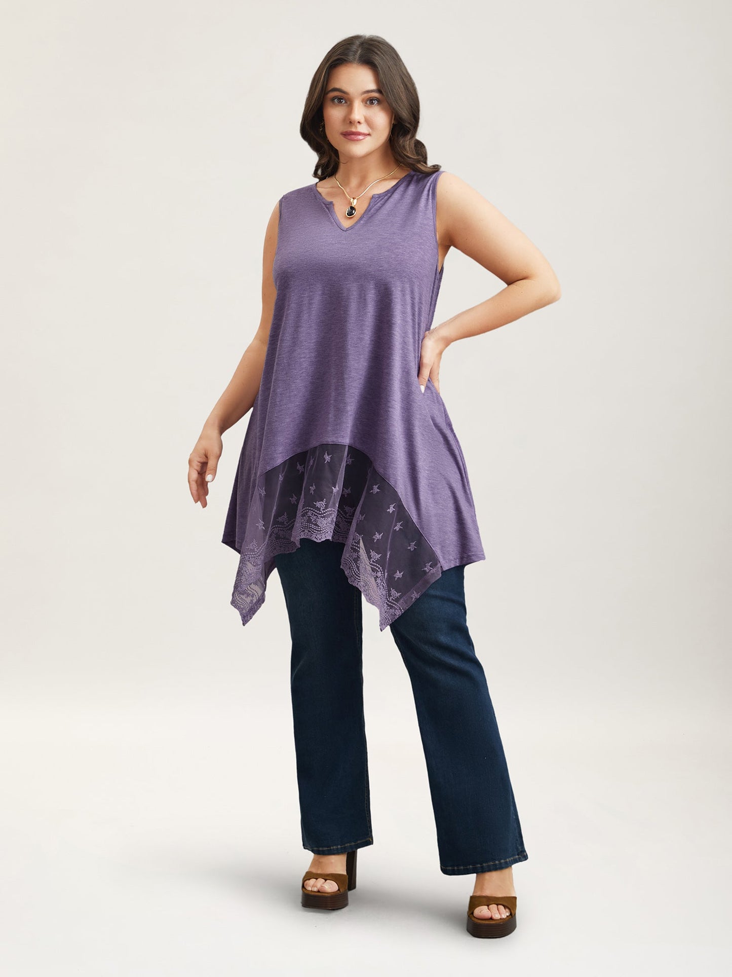 Notched Collar Sheer Lace Hi-Low Hem Vest