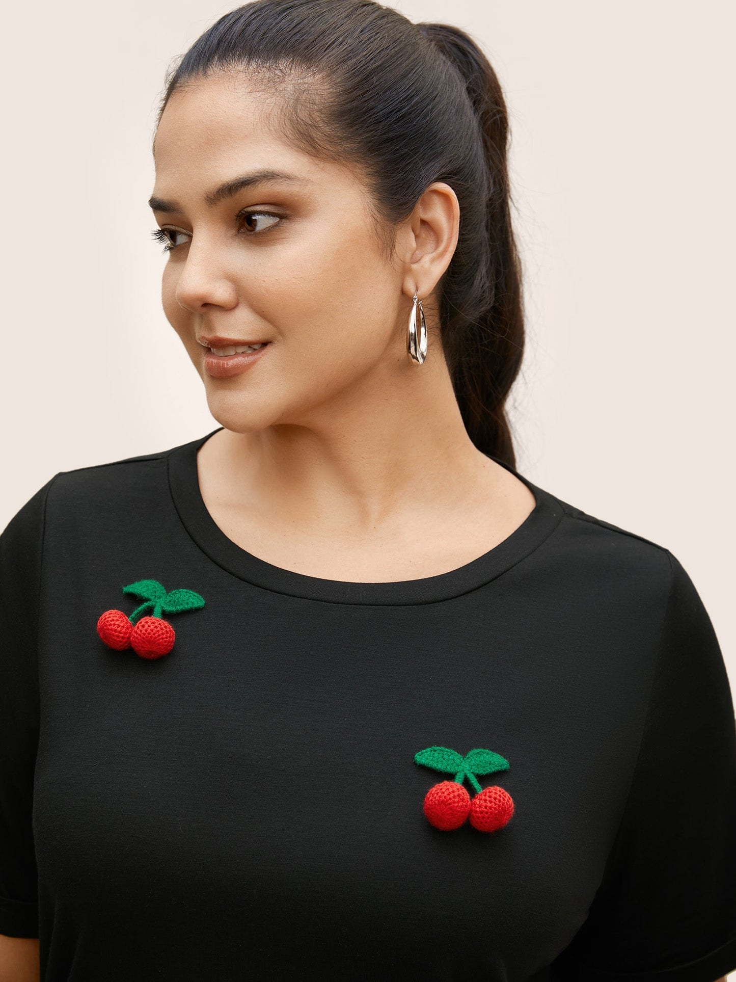 Stereo Cherry Design Crew Neck T-shirt