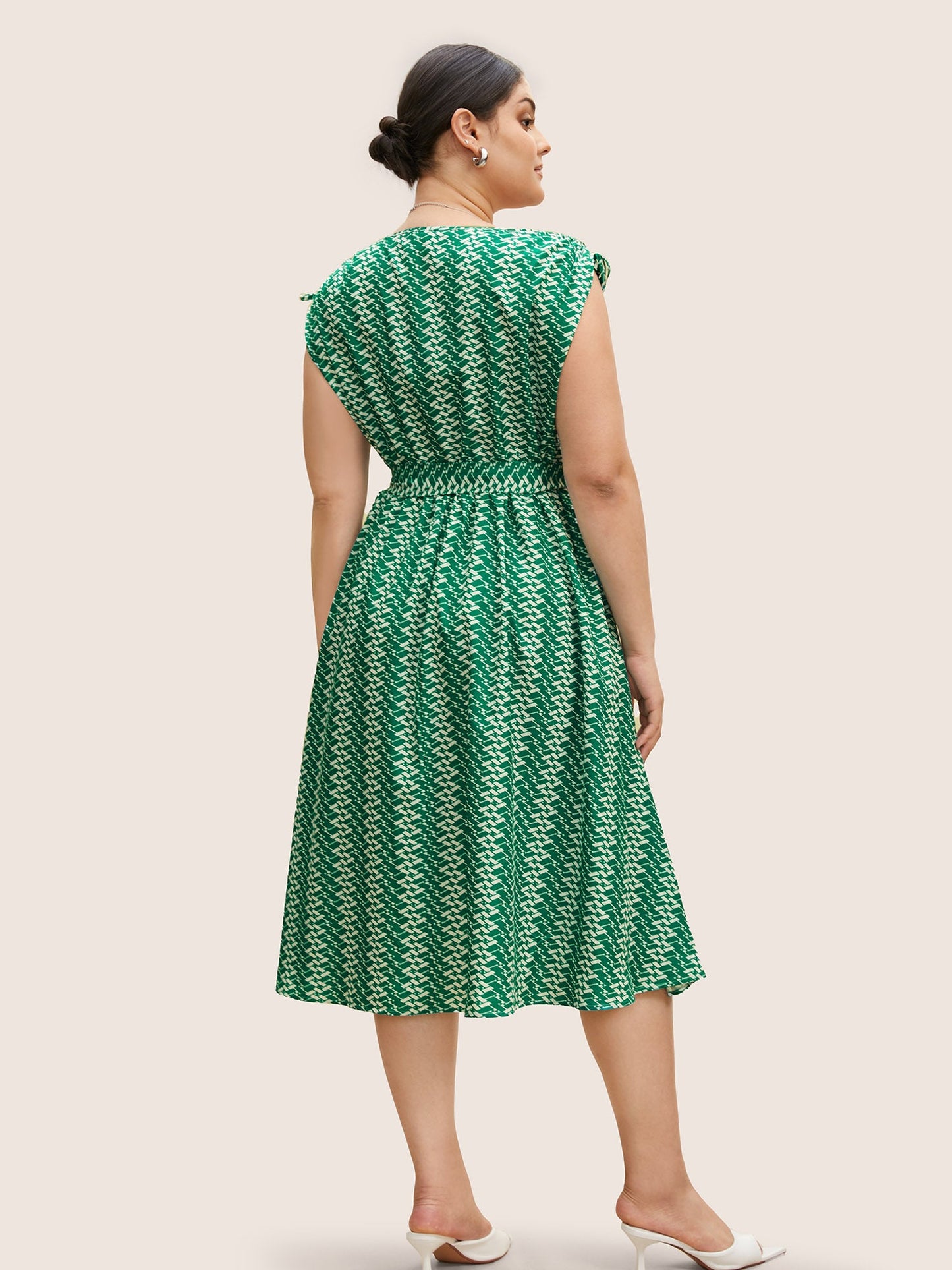 Geometric Drawstring Cap Sleeve Midi Dress
