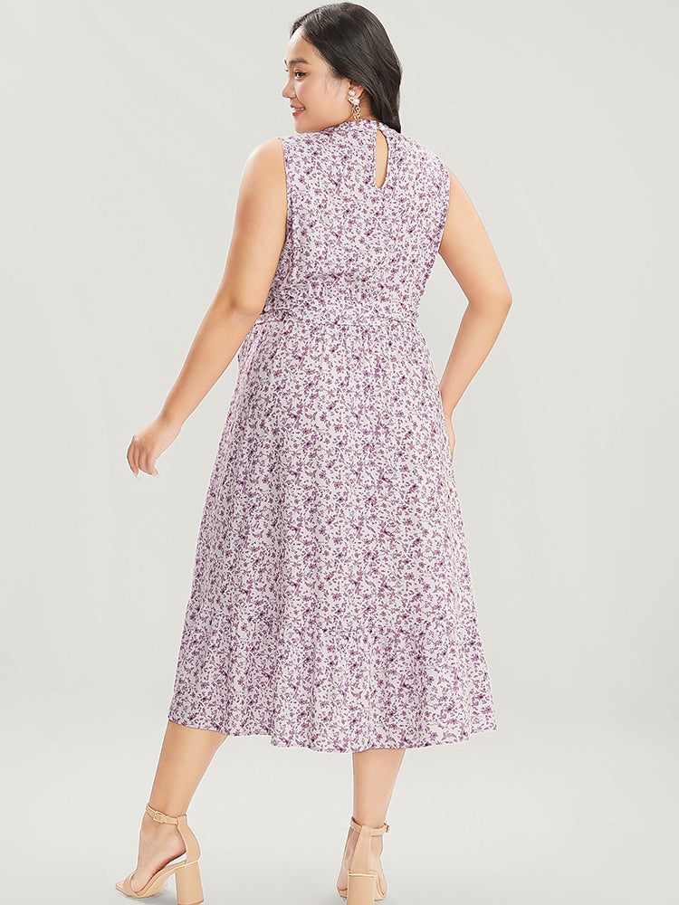 Ditsy Floral Keyhole Pocket Belted Mock Neck Ruffles Dress