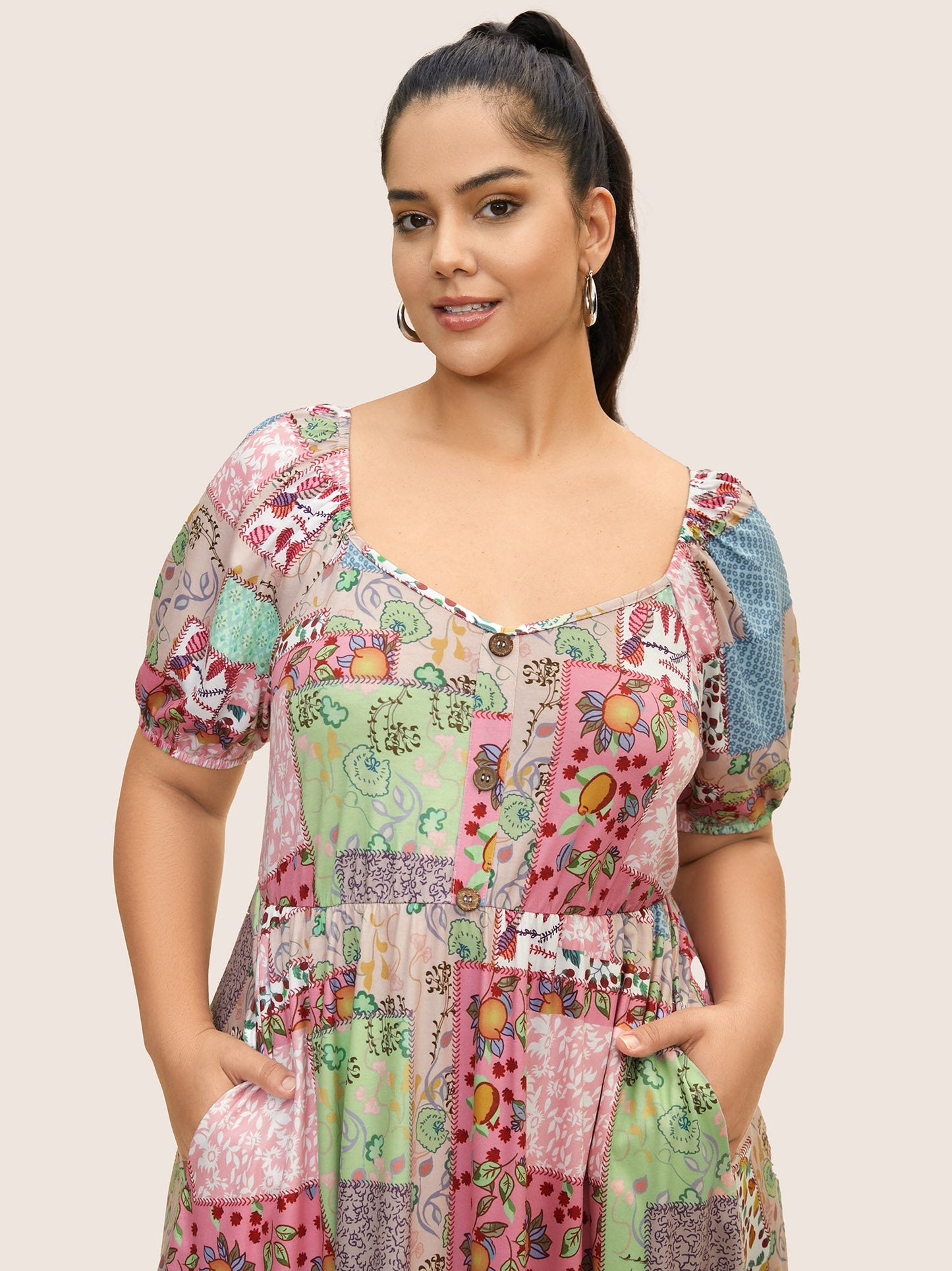 Patchwork Boho Print Raglan Sleeve Midi Dress