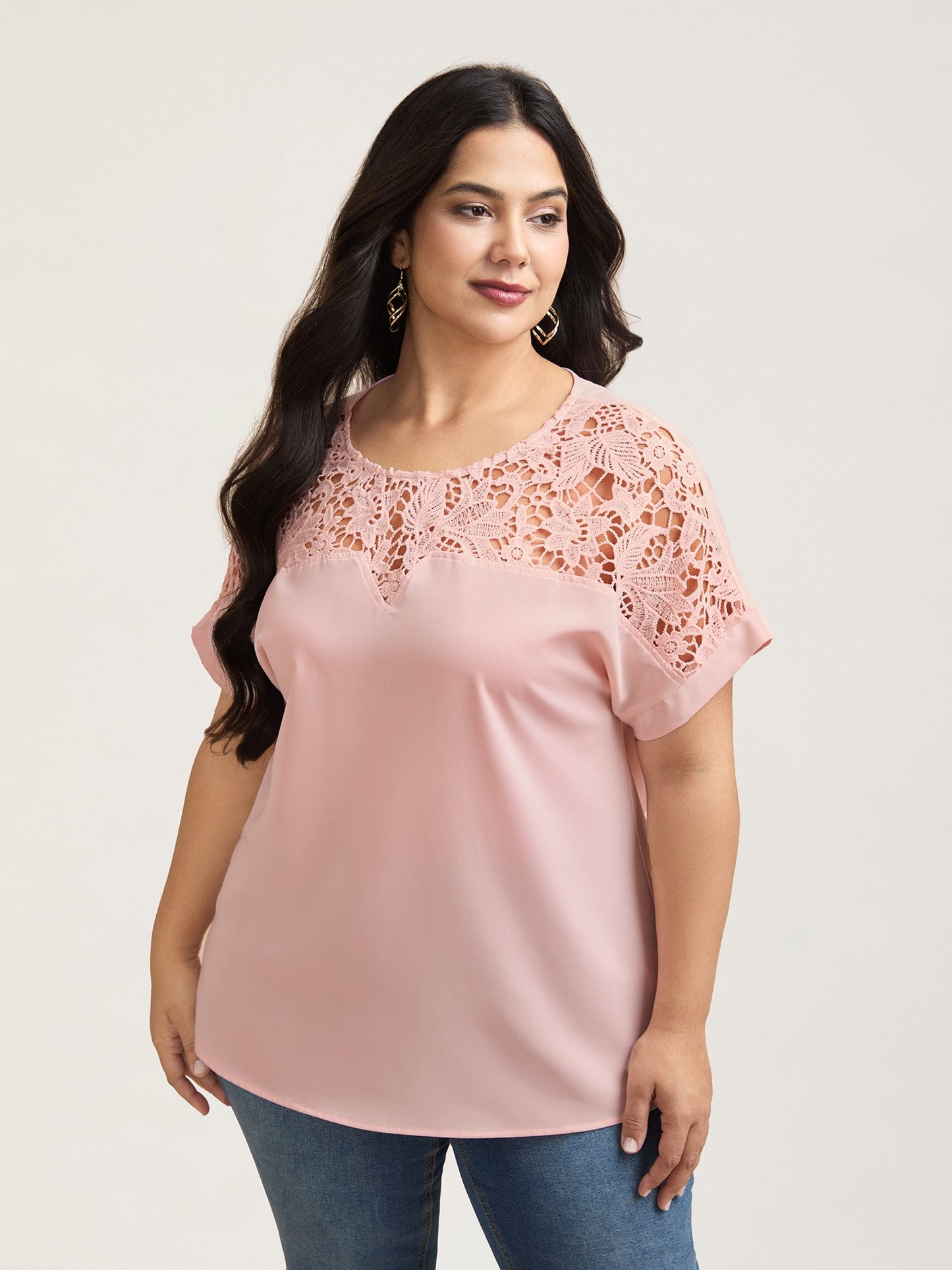 Sheer Lace Neck Half Sleeve Shirt