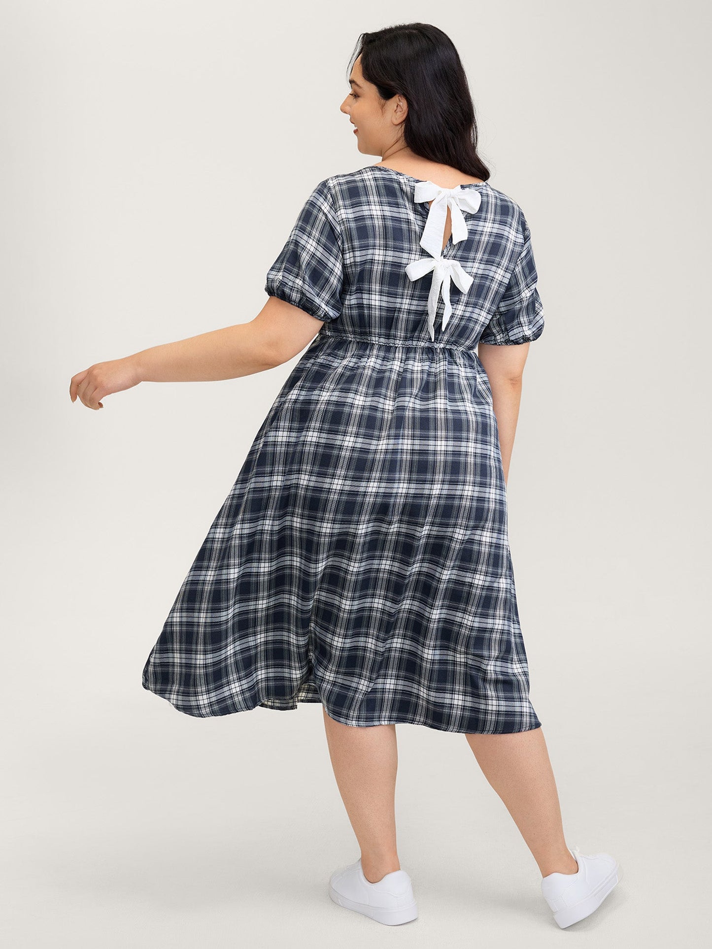 Plaid Print Back Bowknots Contrast Midi Dress
