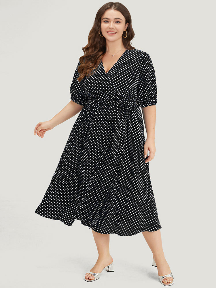 Polka Dot Belted Lantern Sleeve Surplice Neck Dress