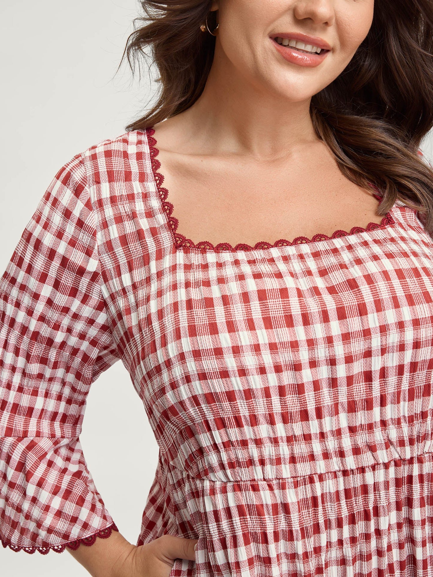 Gingham Print Stretchy Waist Back-Tie Midi Dress