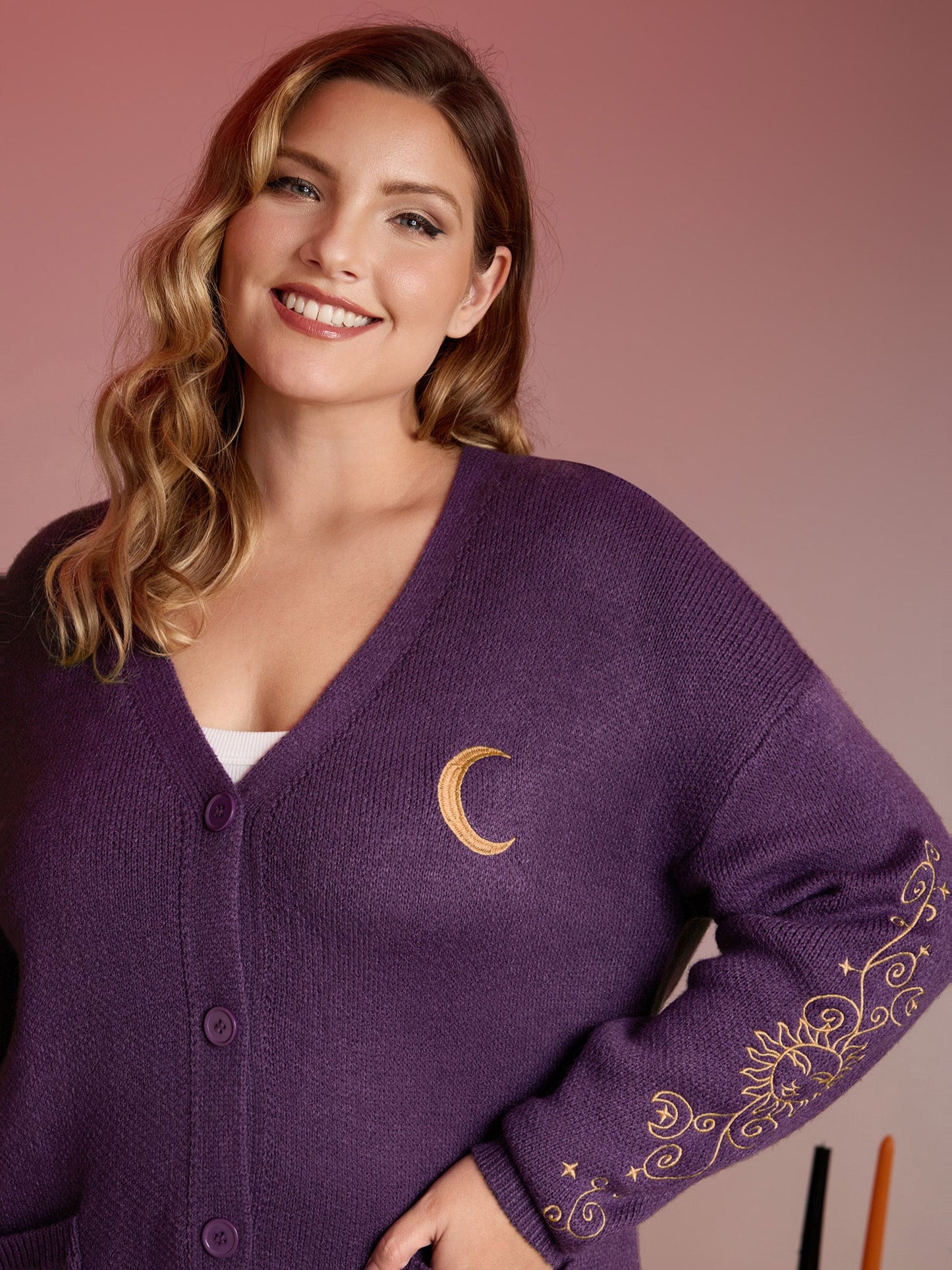 Star Embroidery Button Pockets Knit Cardigan