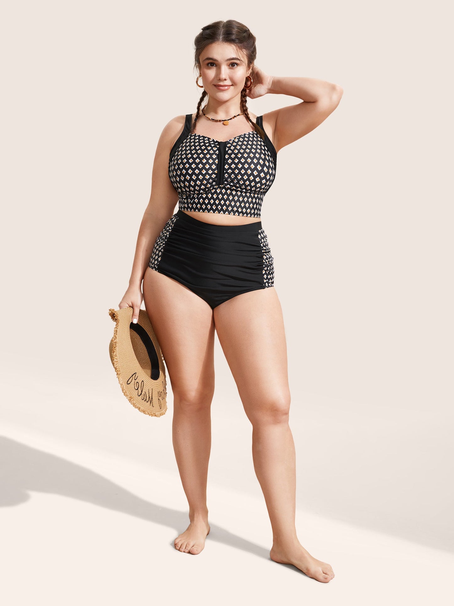 Geometric Patchwork Ruched High Rise Swim Bottom