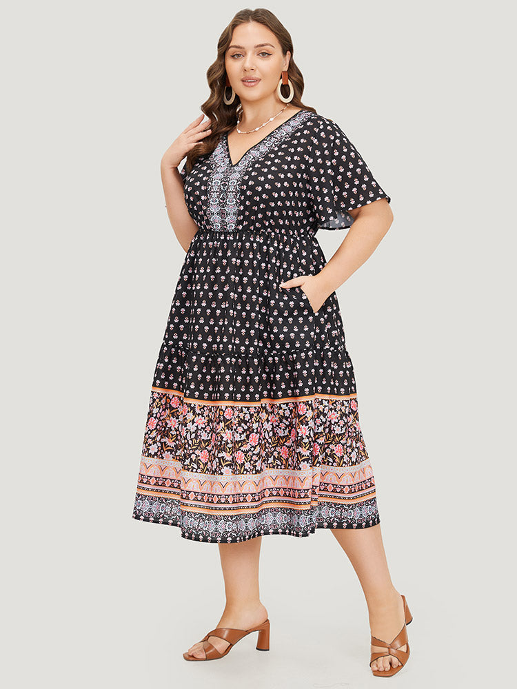 Boho Print Contrast Gathered Pocket Ruffles Dress