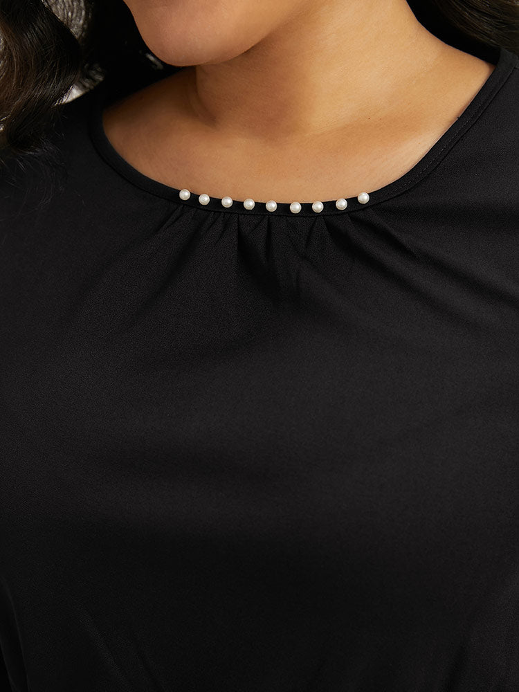 Plain Pocket Pearl Beaded Detail Gathered Dress