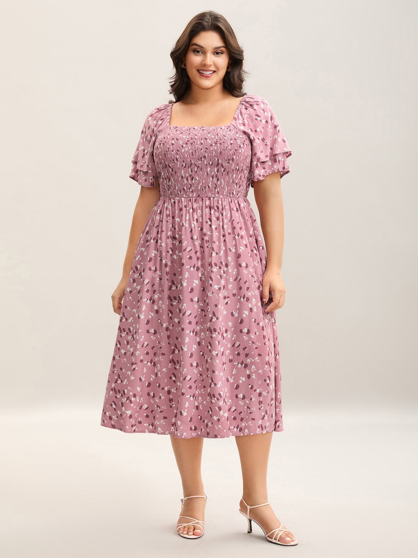 Floral Print Shirred Pockets Midi Dress