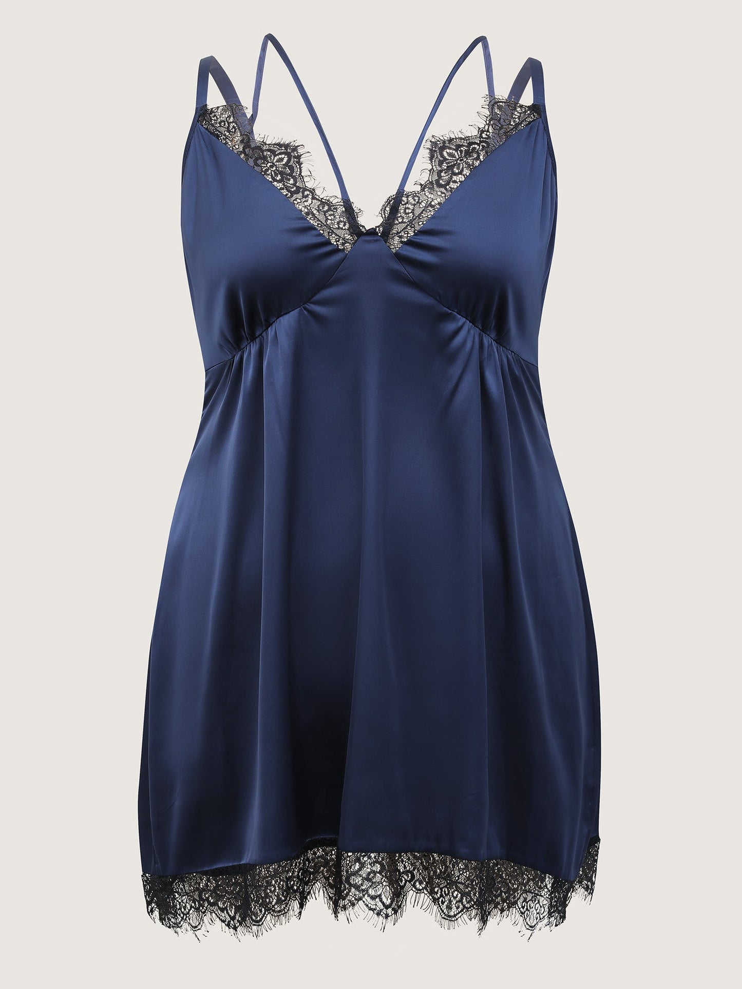 Color Contrast Lace Trim Deep Neck Sleep Dress