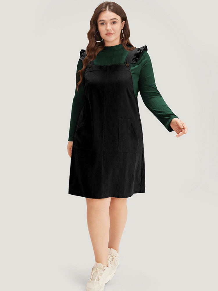 Solid Square Neck Button Up Pocket Ruffle Trim Cami Dress