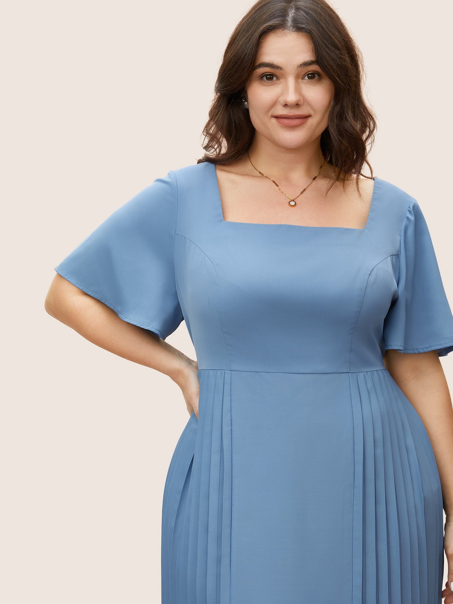 Square Neck Plain Pleated Ruffle Sleeve Dress