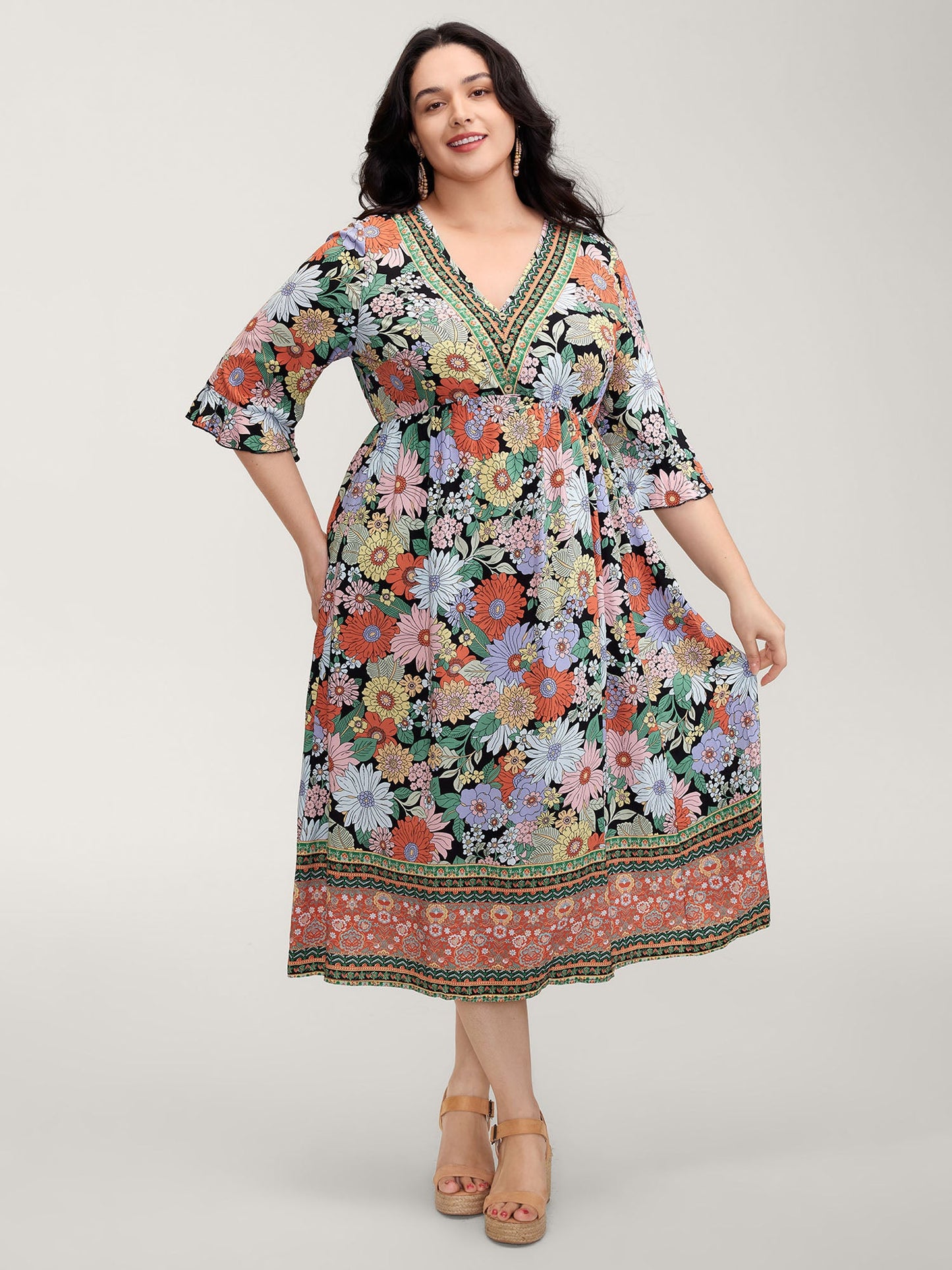 Rayon Floral Print V-Neck Maxi Dress