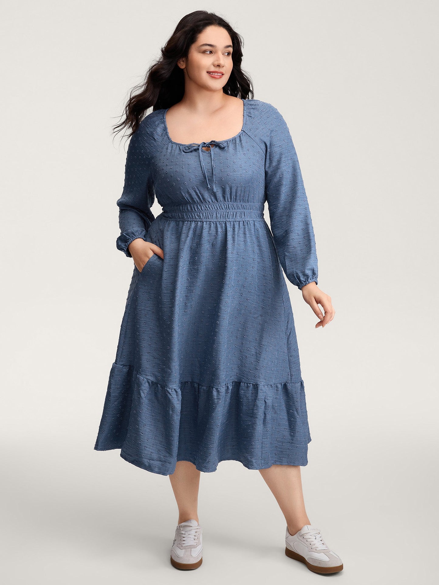 Textured Shirred Waist Neck-Tie Maxi Dress