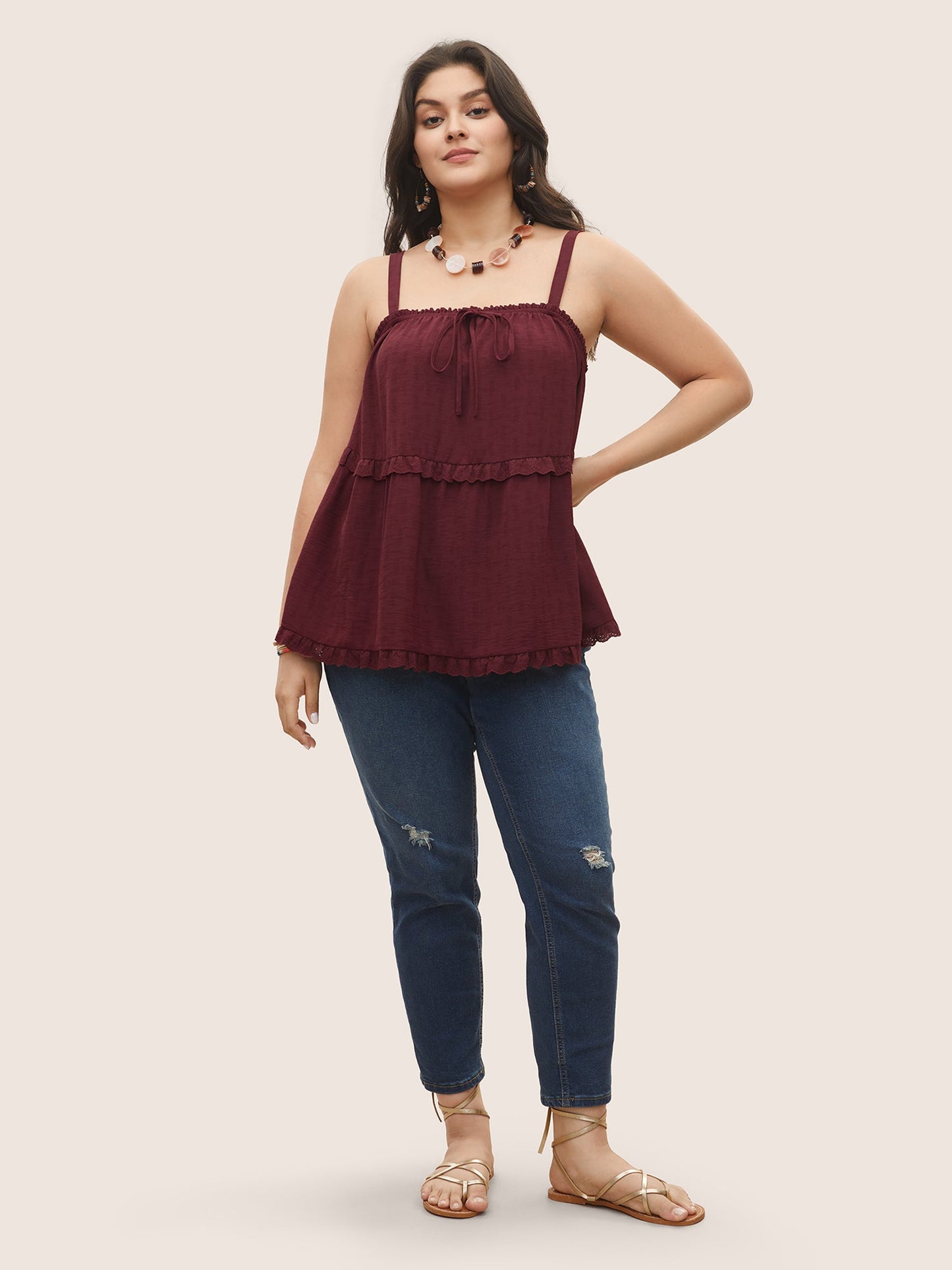 Solid Broderie Anglaise Lace Patchwork Ties Cami Top