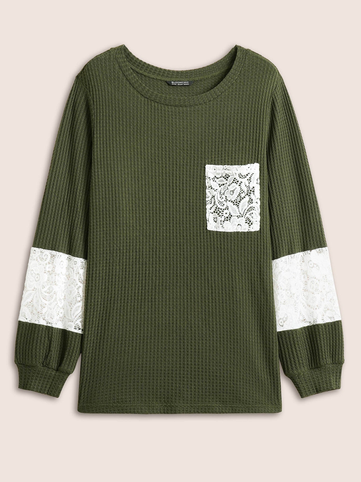 Waffle Knit Contrast Lace Patchwork T-shirt