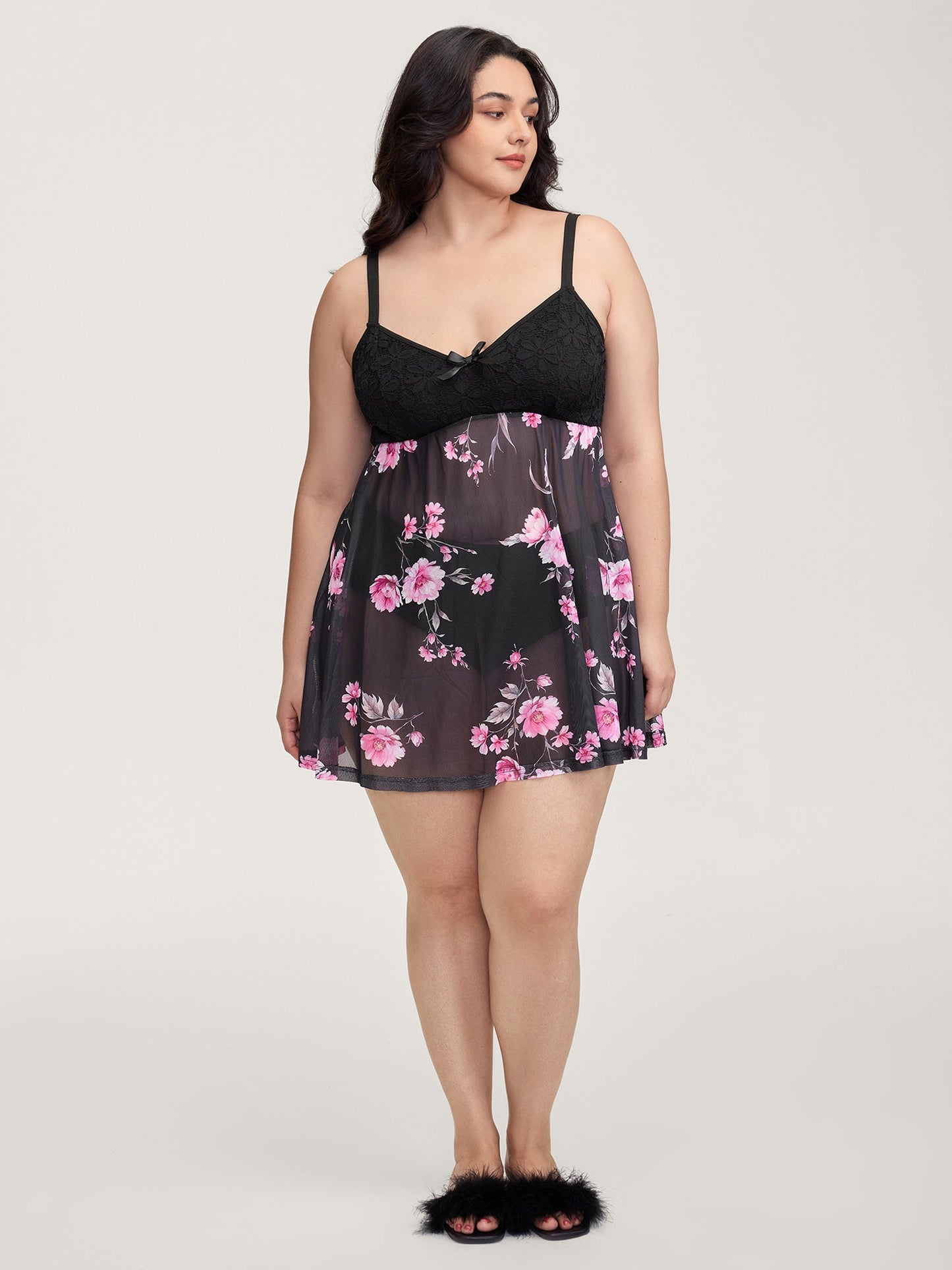 Floral Print Sheer Lace Trim Sleep Dress