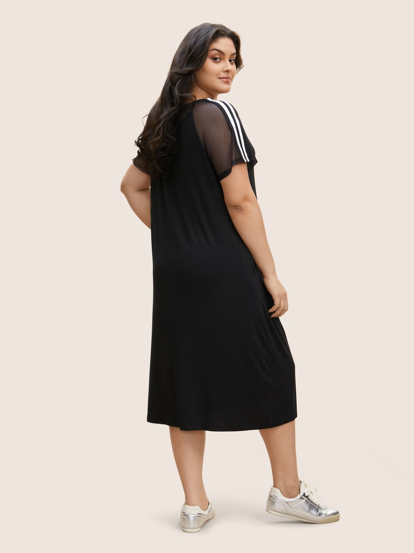 Number Print Striped Mesh Patchwork Midi Dress