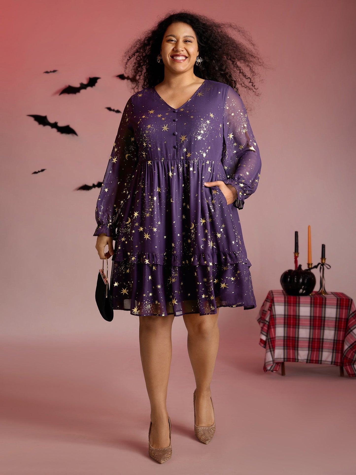 Gold Stamp Lantern Sleeve Ruffled Midi Dress