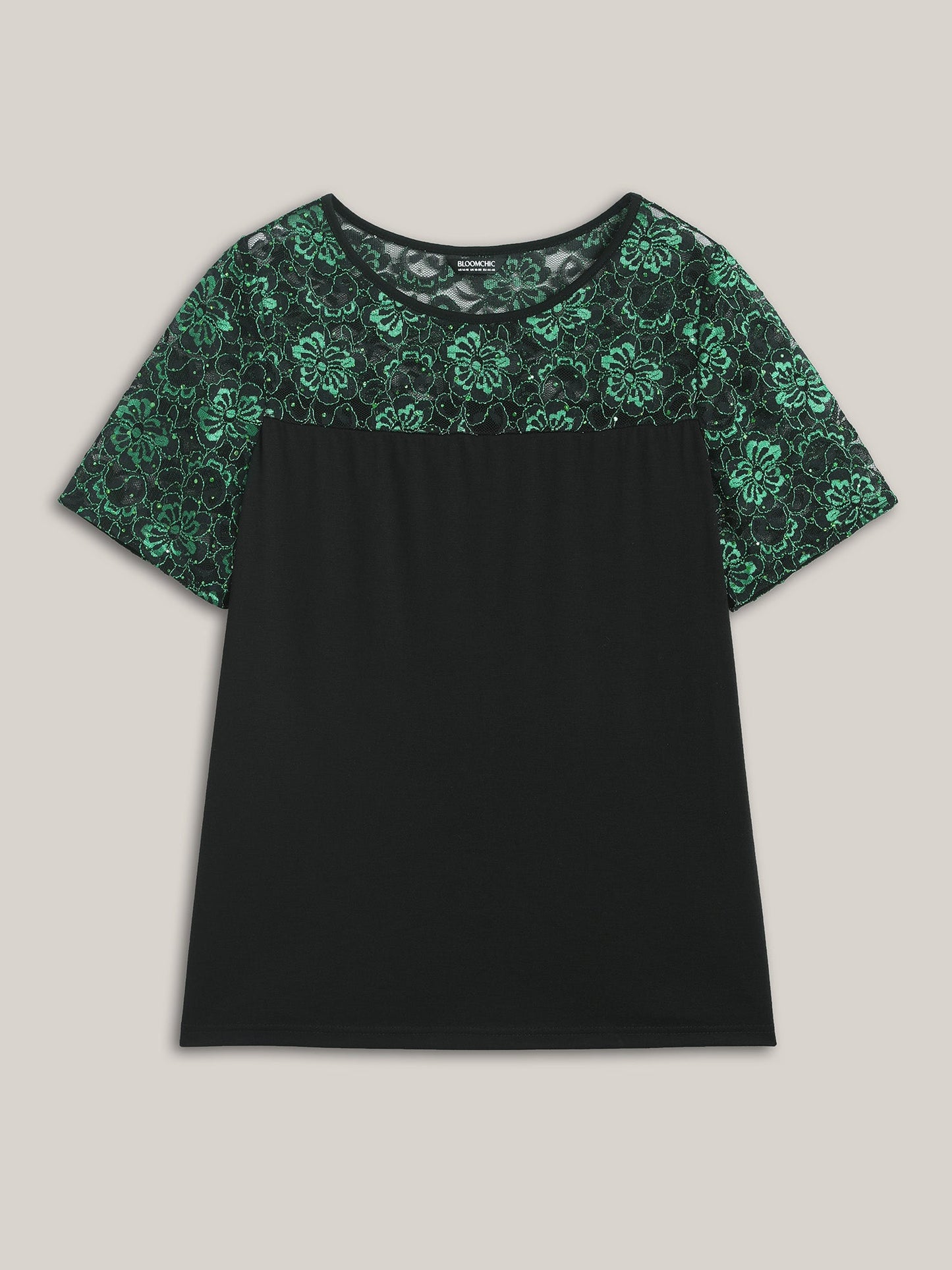 Lace Neck Sequins Color Contrast T-Shirt