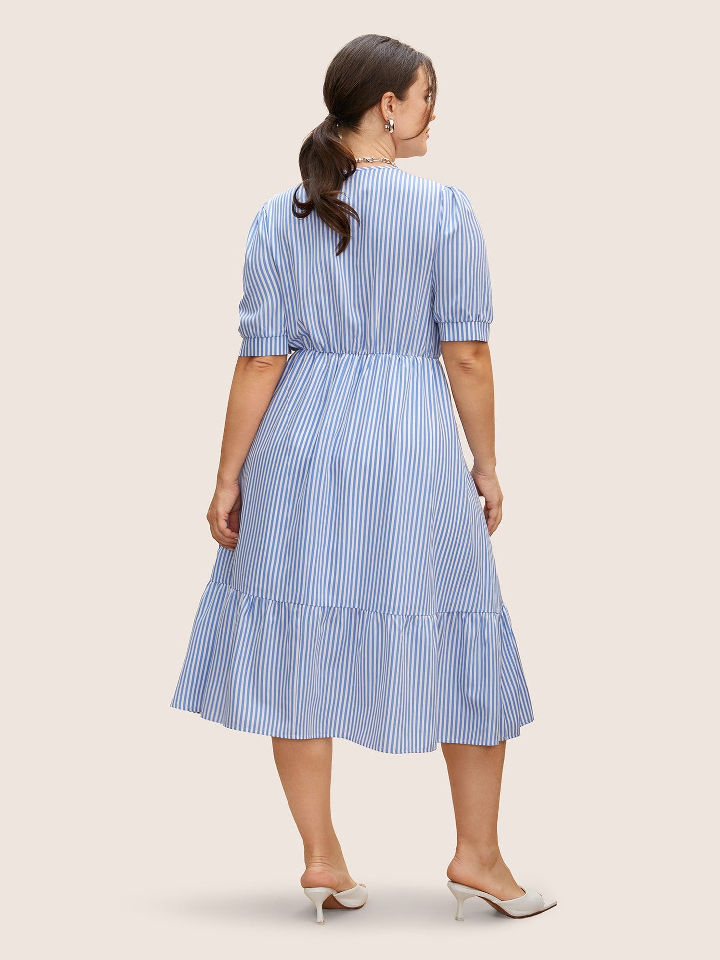 Striped Puff Sleeve Button Detail Midi Dress