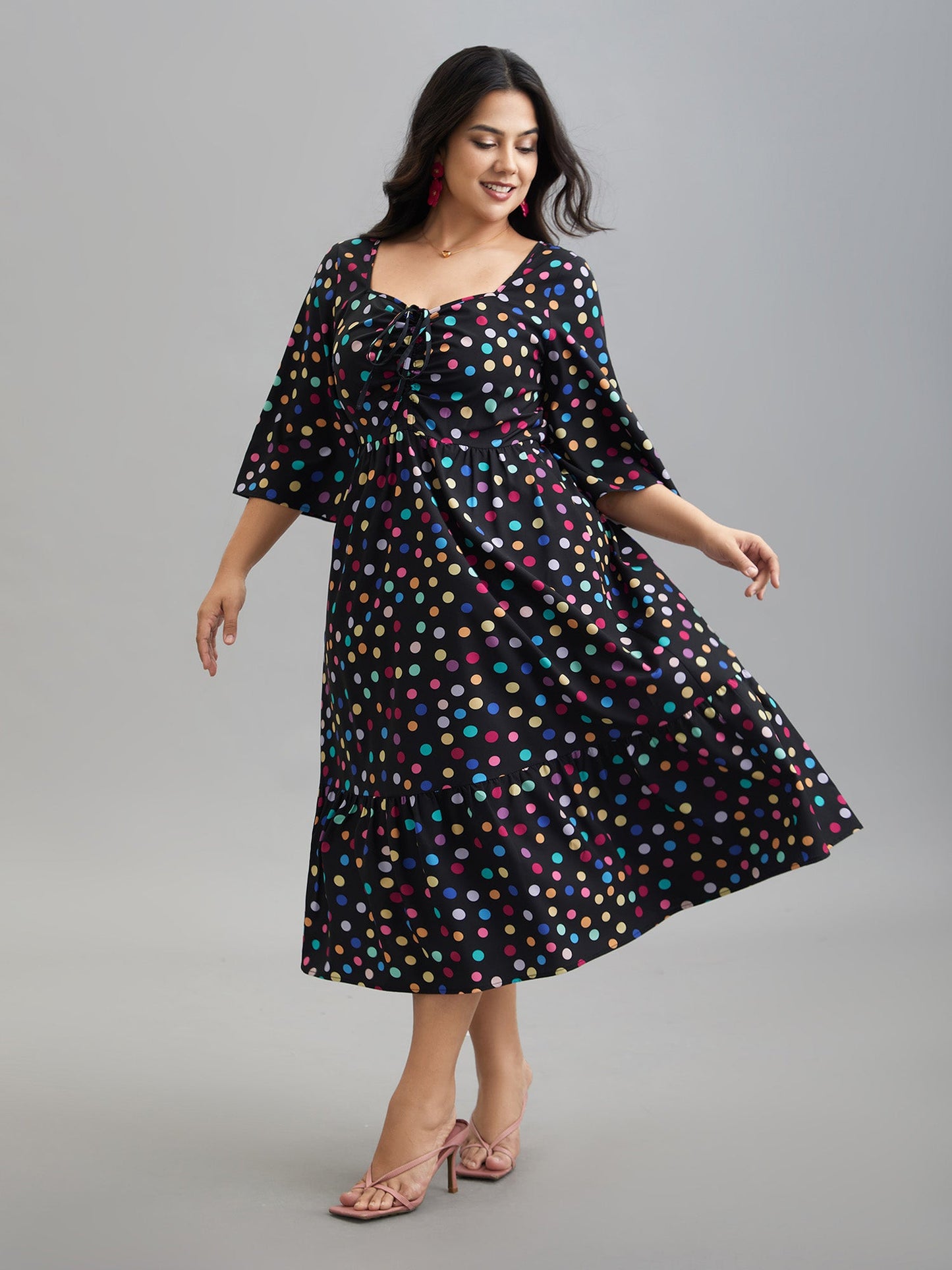 Multi-Color Dots Sweetheart Neckline Midi Dress