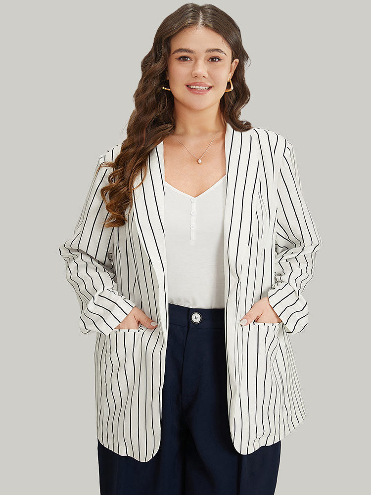 Striped Pocket Gathered Lapel Collar Blazer