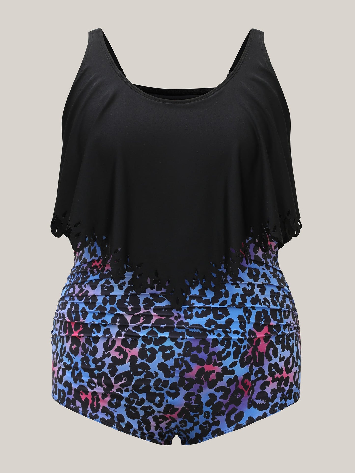 Leopard Print Laser Cut Pleated One-Piece Swimsuit