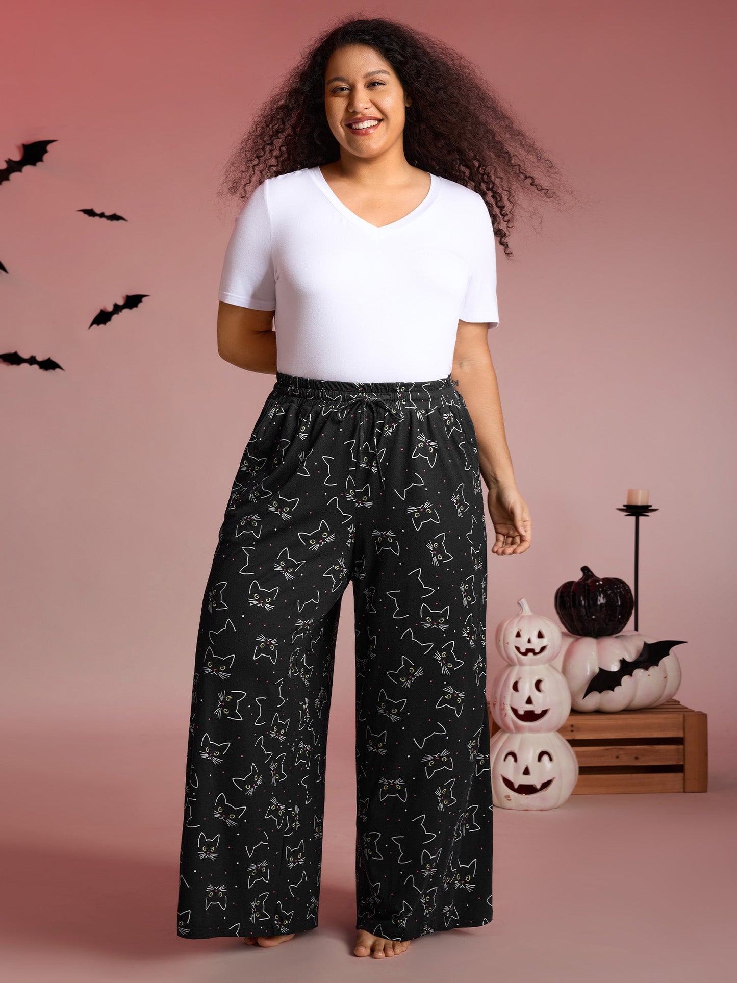 Meow Halloween Print Wide-Leg Lounge Pants