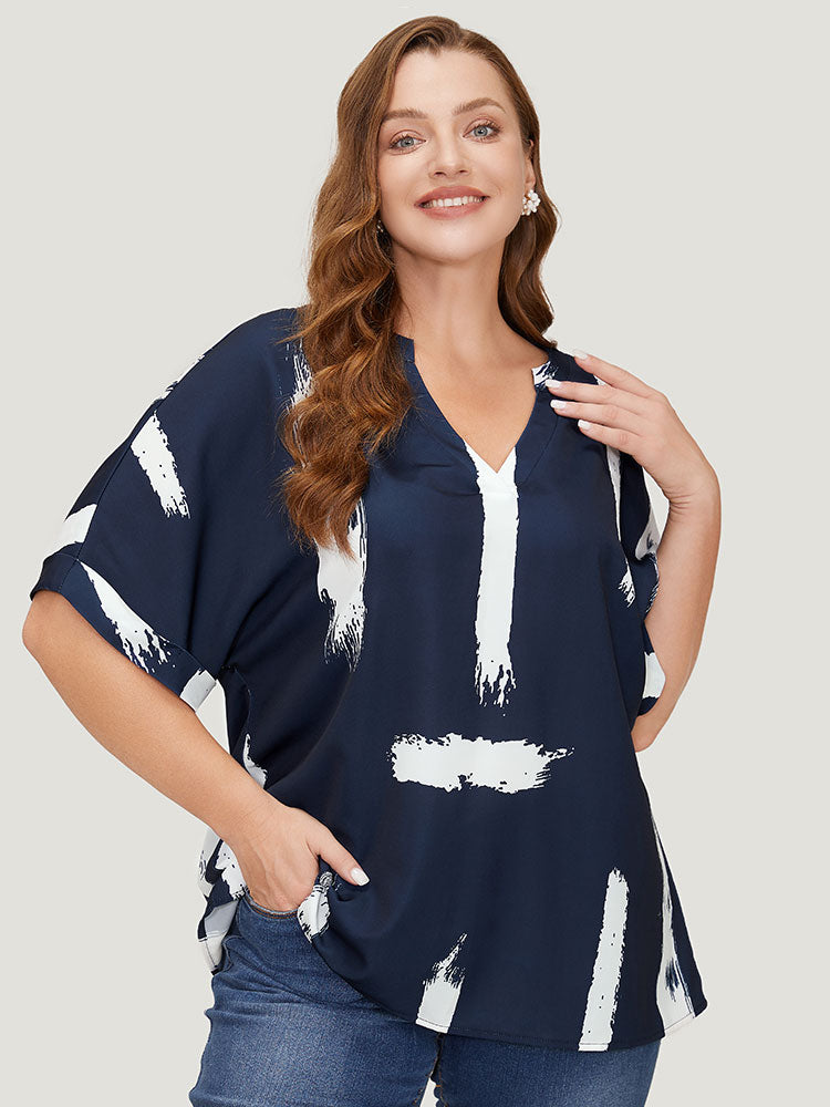 Brush Print Rolll Batwing Sleeve Blouse
