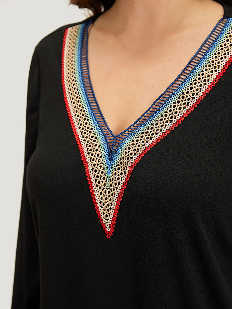 Contrast Webbing V Neck Elastic cuffs T-shirt