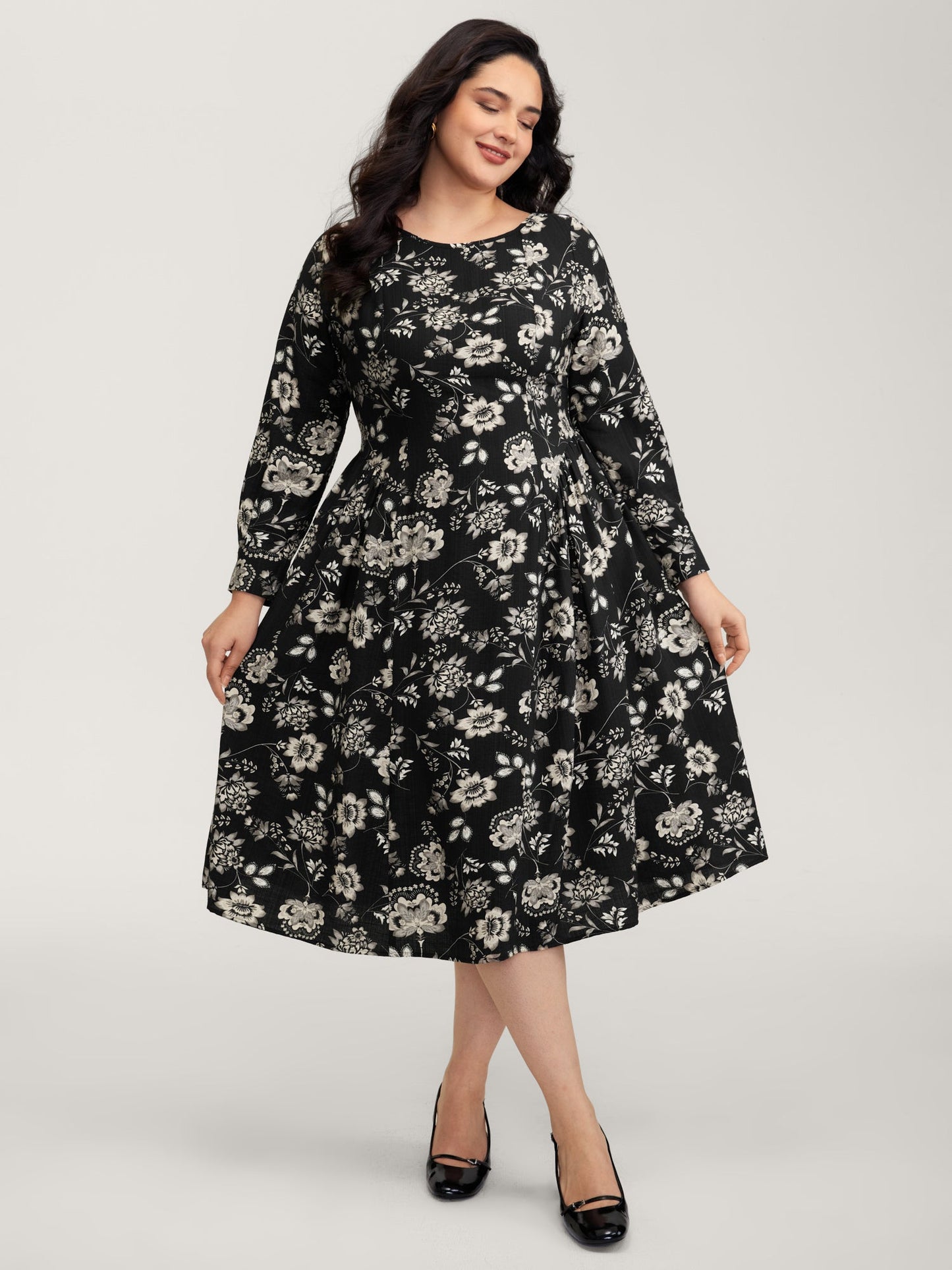 Floral Print Boat Neckline Midi Dress