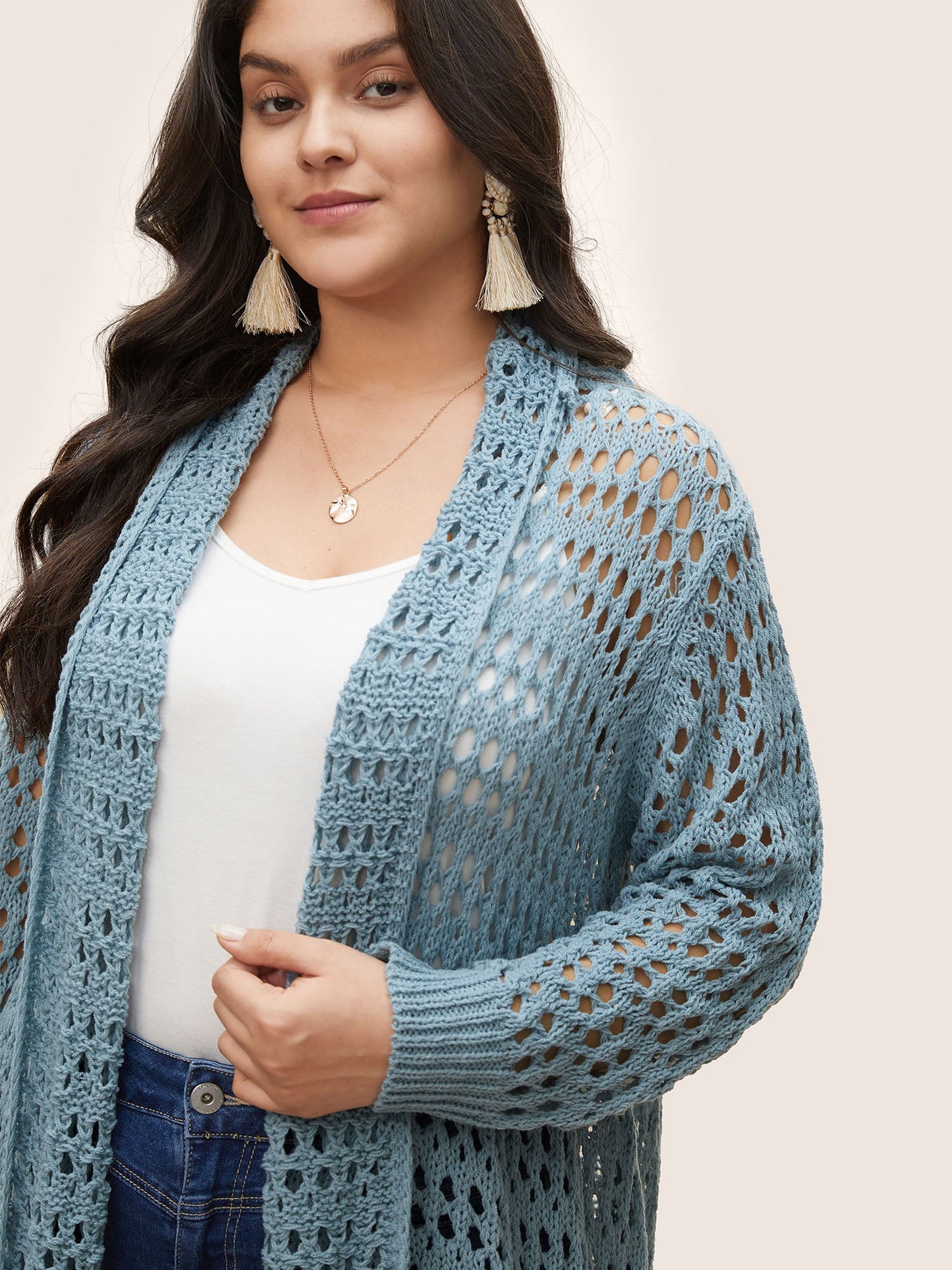 Plain Texture Cut Out Asymmetrical Hem Cardigan
