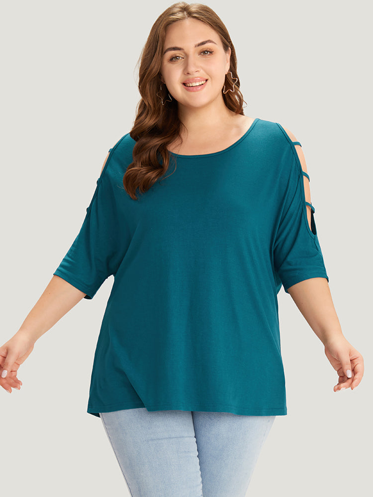 Solid Cut Out Round Neck Dolman Sleeve T-shirt