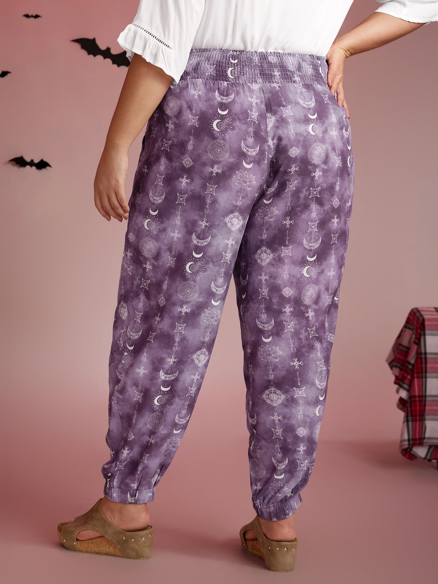 Starry Print Shirred Wide Waistband Pants
