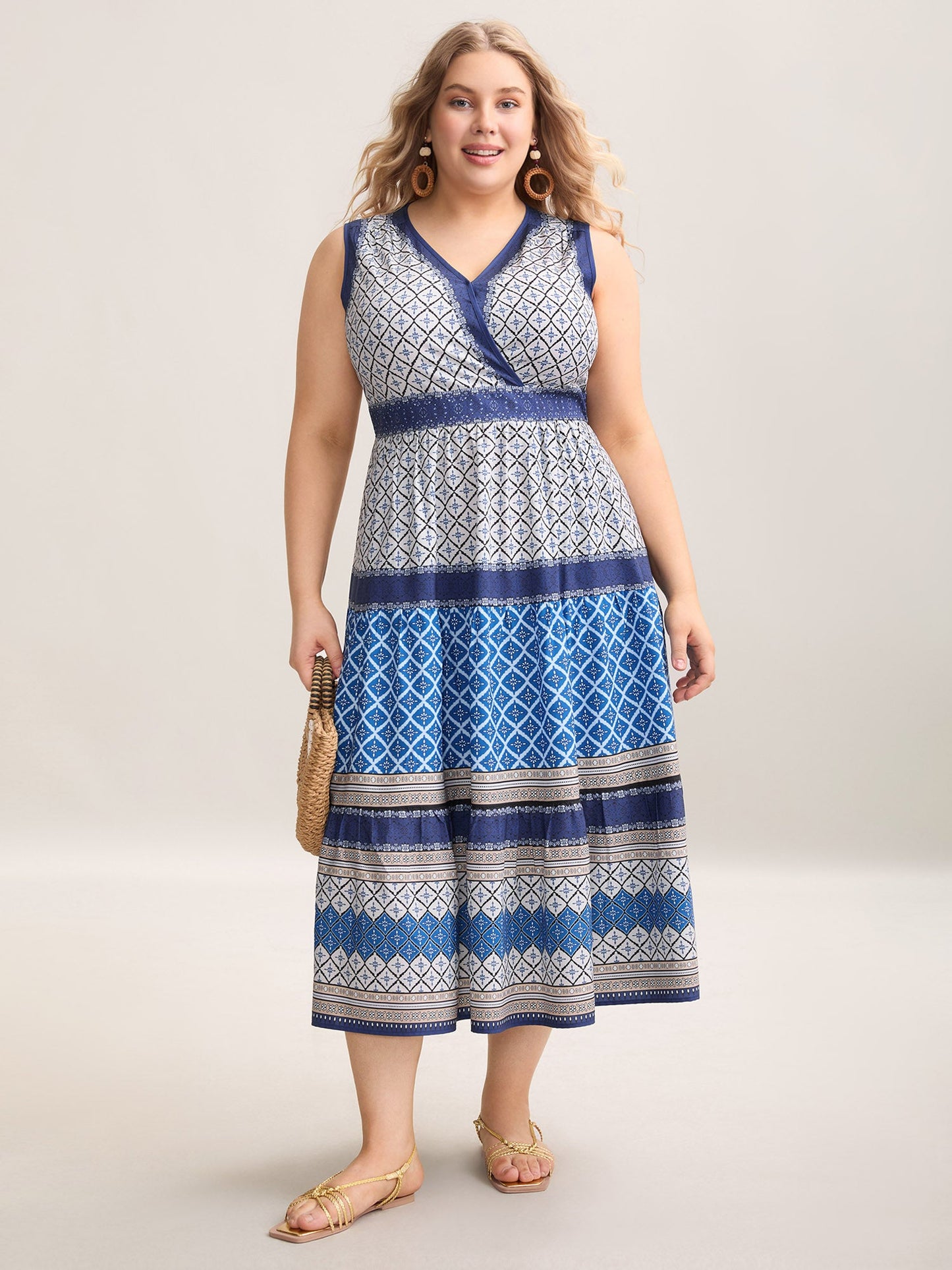 Boho Pattern Spliced Sleeveless Midi Dress