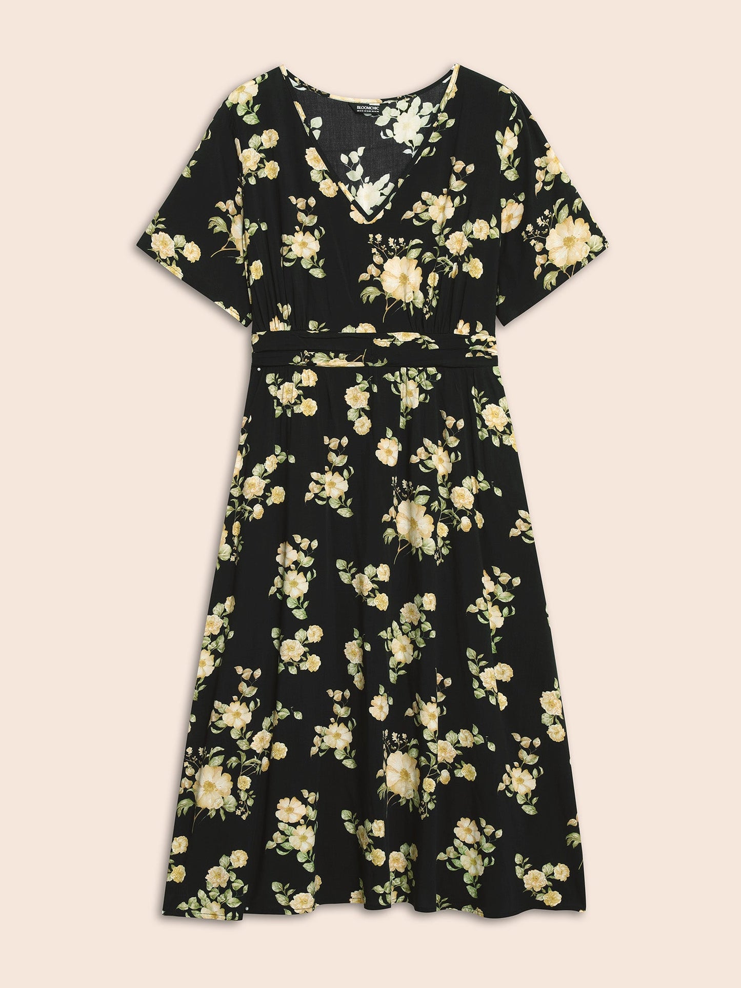 Floral Gathered Shirred Flutter Sleeve Dress