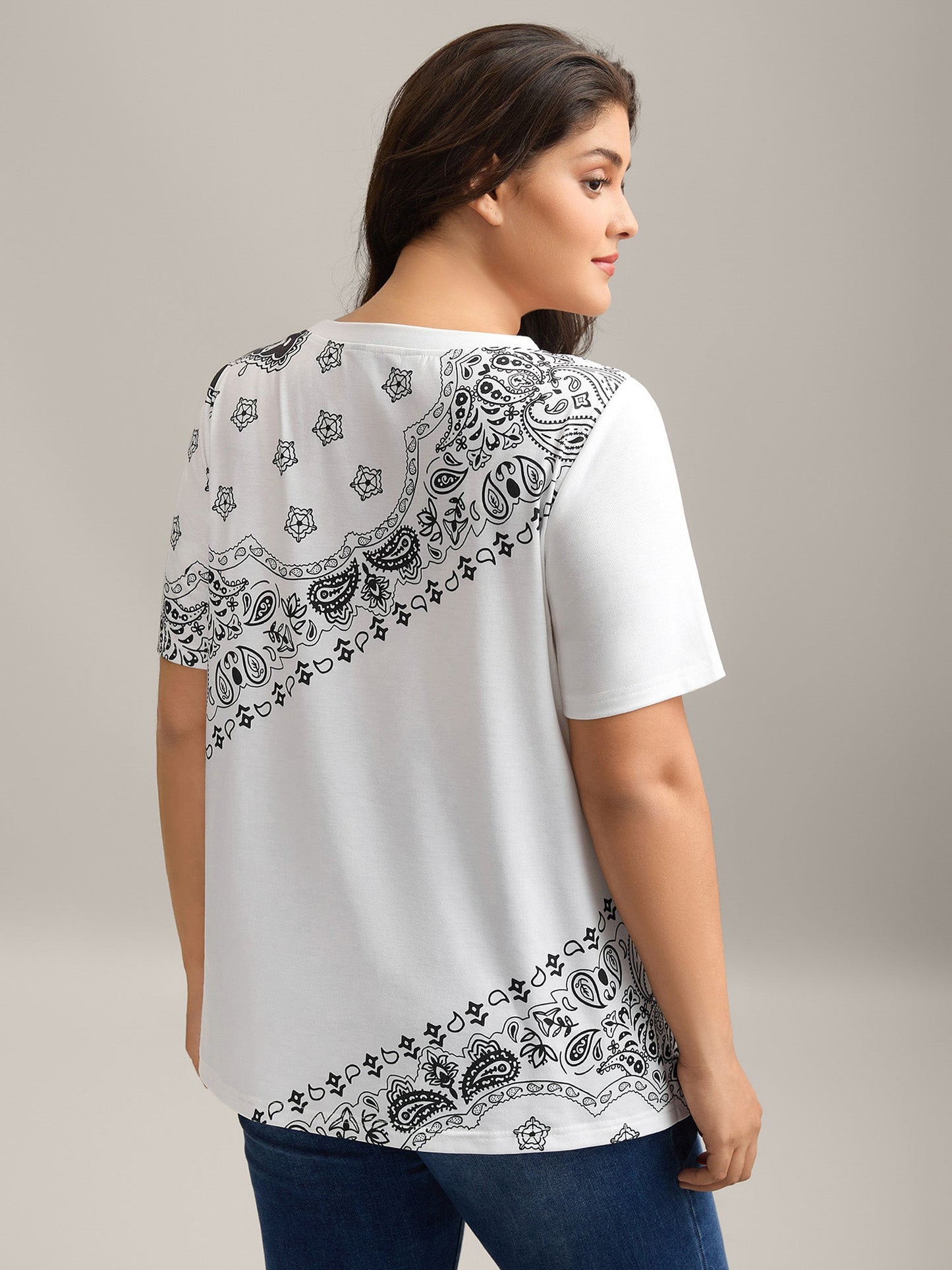 Boho Print Plain Crewneck T-Shirt